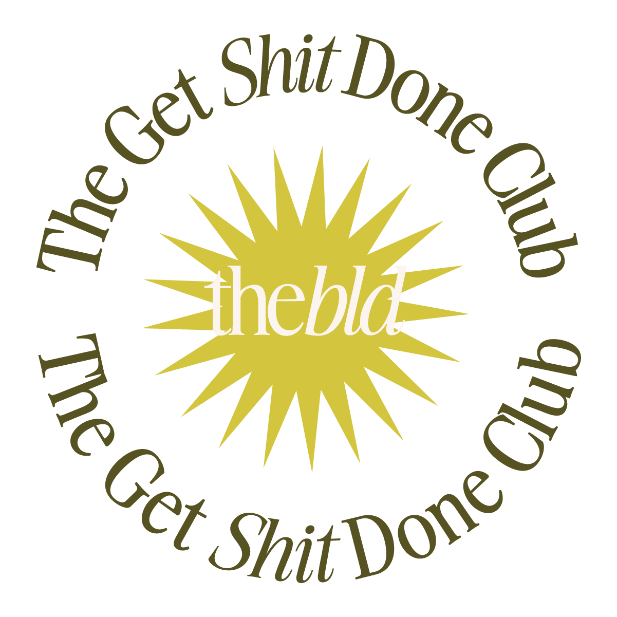 Circular logo with a yellow starburst in the center and the text "theblu" over it. Surrounding the starburst are the words "The Get Shit Done Club" repeated twice in a curved format.