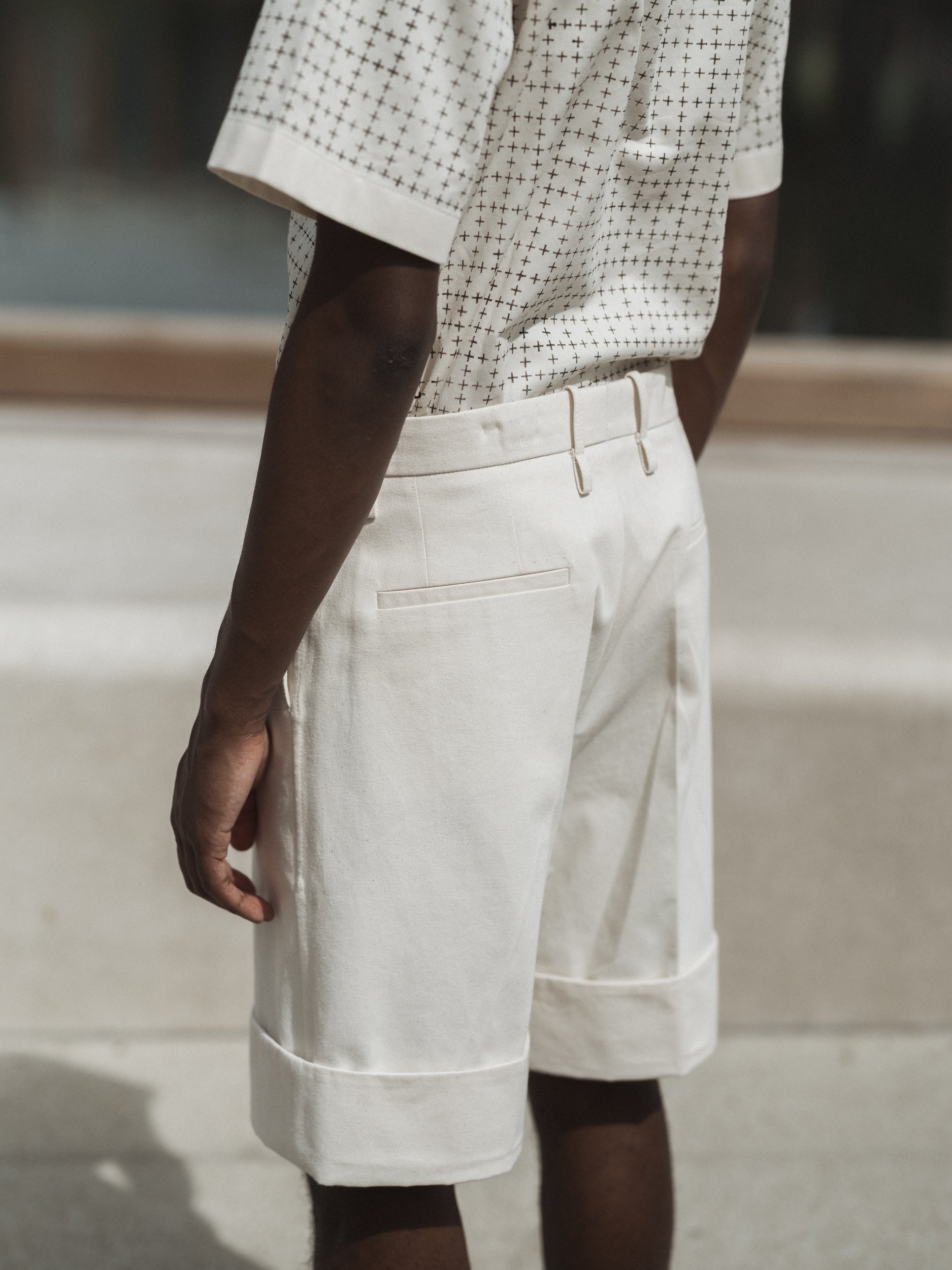 Man wearing organic cotton natural white ecru shorts (Copy)