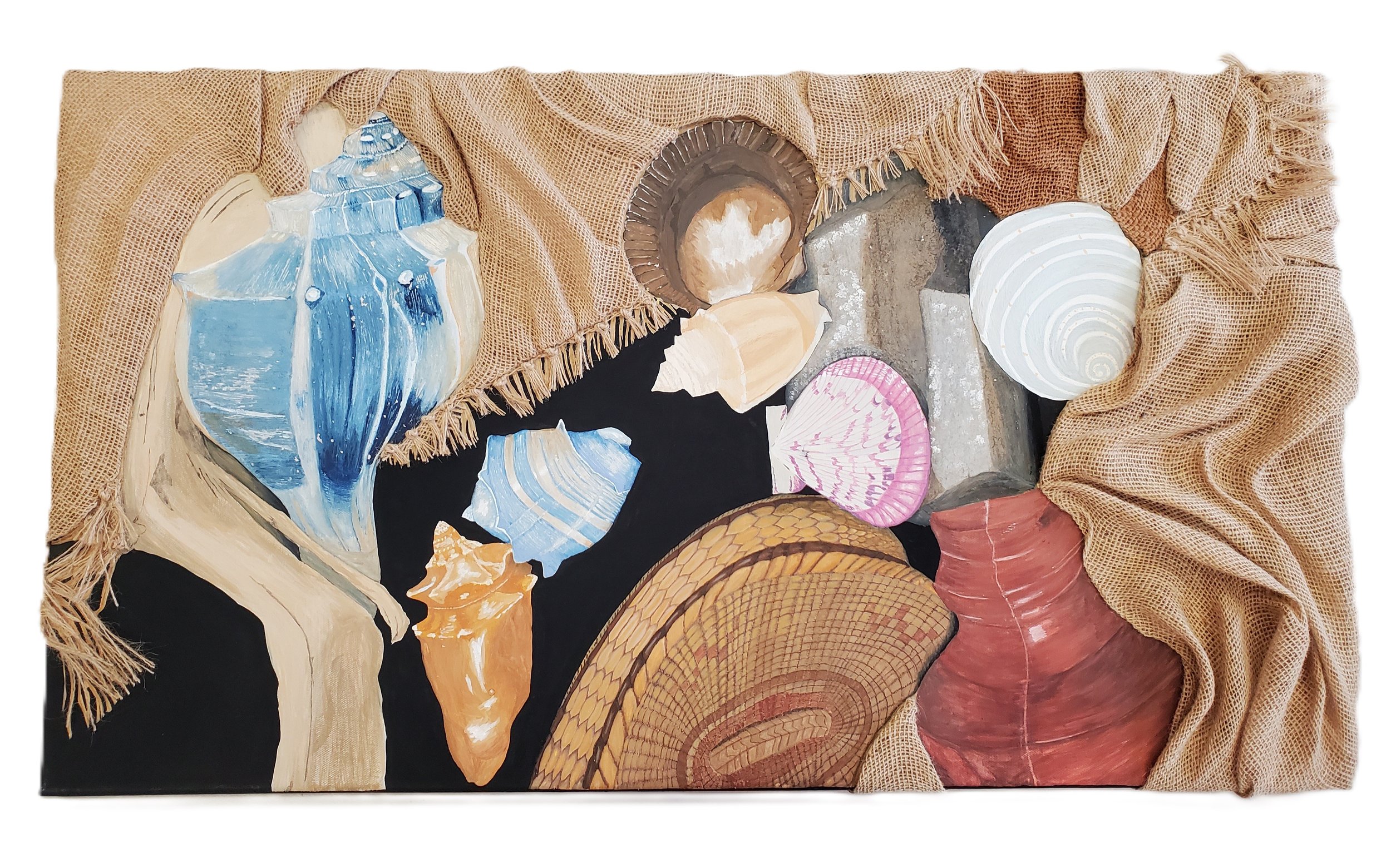 Shells, Gouache and Burlap sewn onto canvas - $2,420
