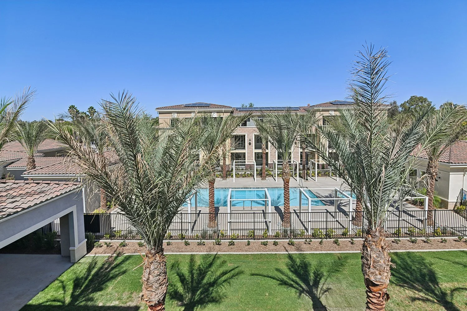 Overhead view of the Rendezvous Phase II pool area with cabanas and lined with regal palm trees for a resort style feel. Large grass patch sits outside the pool area to the right of the shaded barbecue area. 