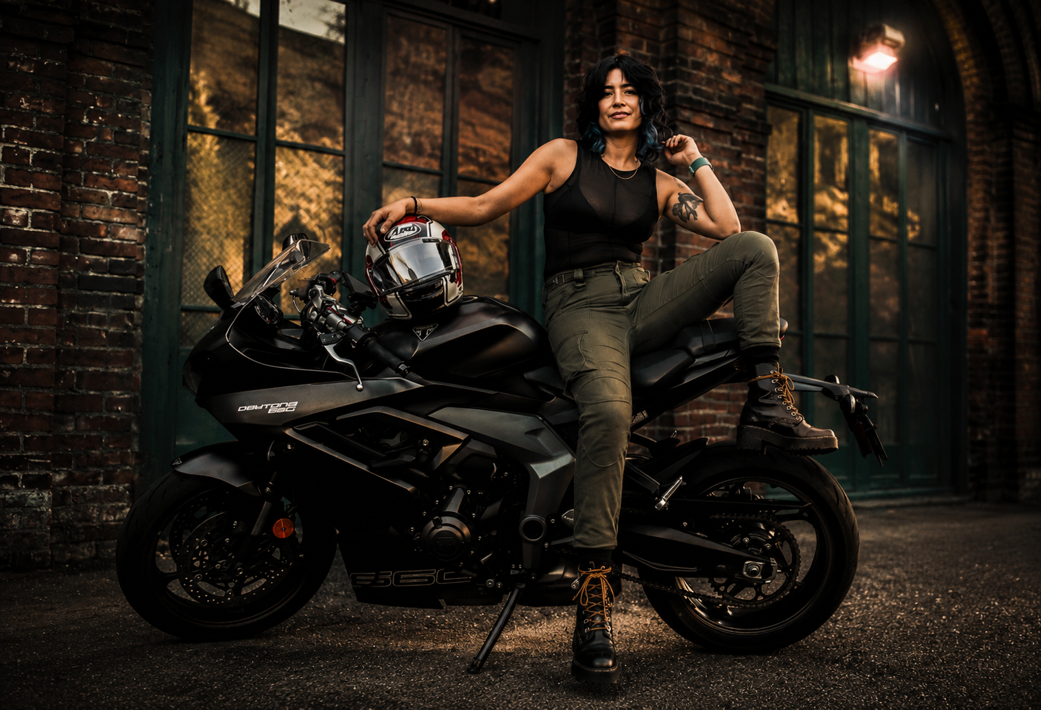A woman sitting on a black motorcycle with a helmet beside her, in front of a brick building with large windows at dusk.