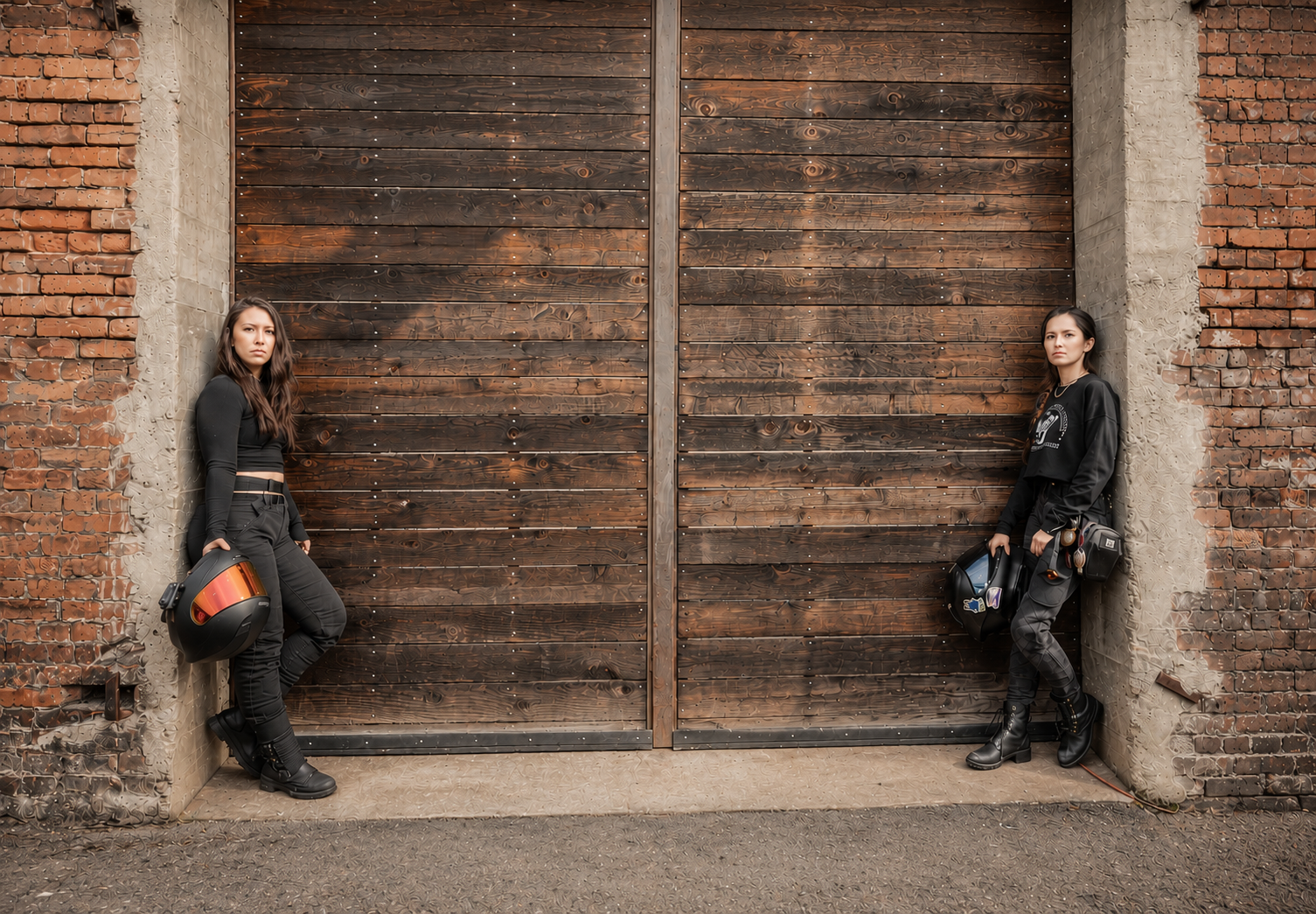 Two young women dressed in black motorcycle gear, holding helmets, leaning against sides of a large wooden gate flanked by brick walls in an urban setting.