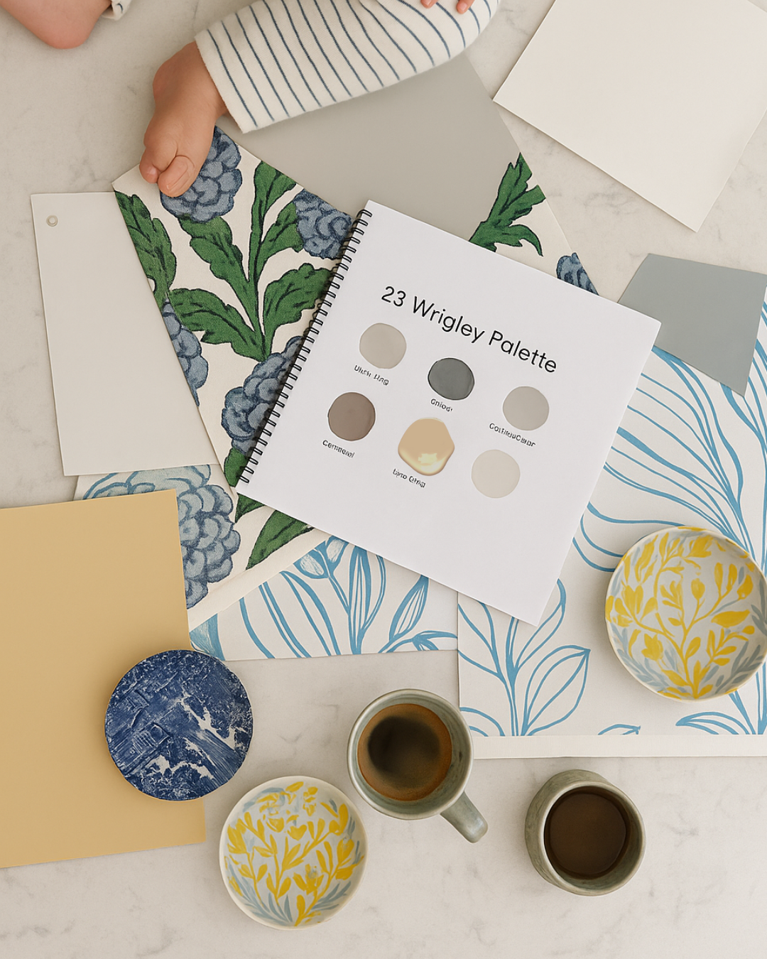 A child's hand reaches over a table with paint swatches, paper, and cups of coffee, alongside a Wrigley Palette and floral patterned plates.
