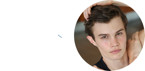 Black and white logo of 'Dmg Models' with a stylized graphic, next to a grayscale portrait of a young man with short hair, looking to the right.