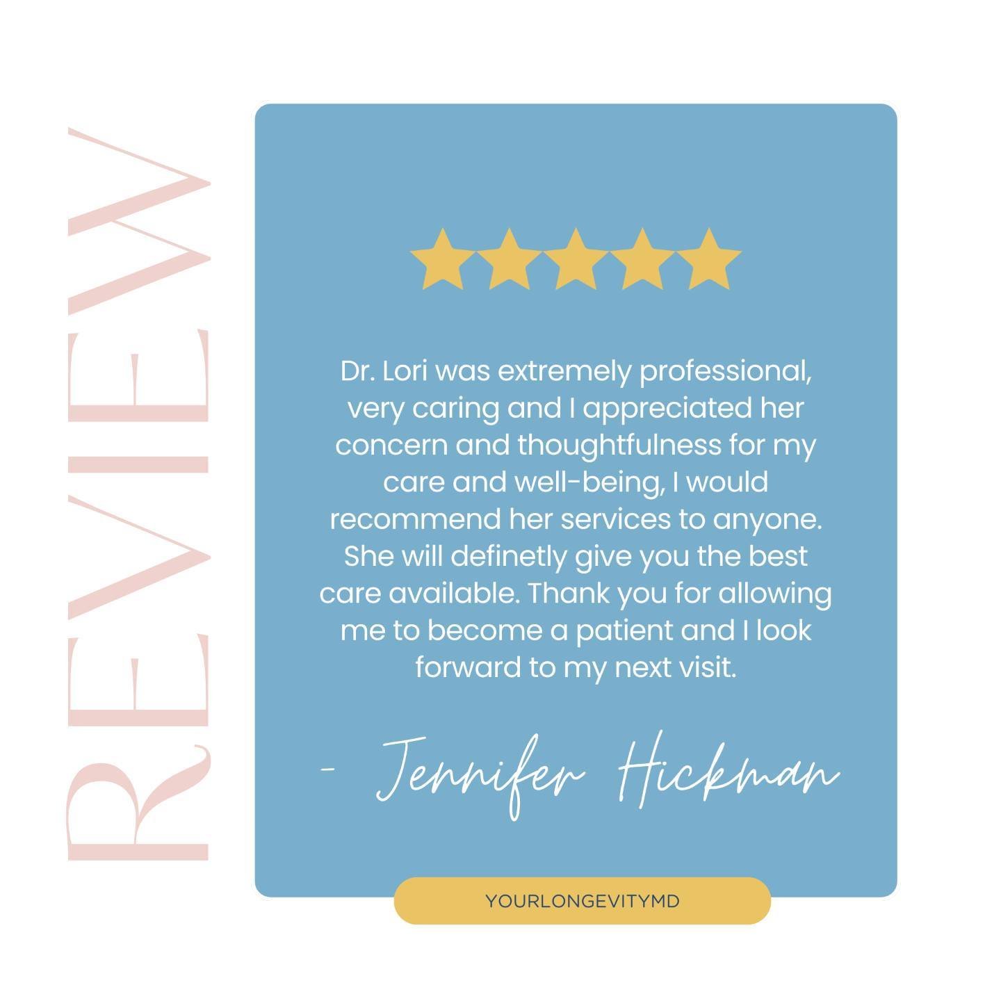 Thank you for your kind words and trust, Jennifer! 💙 At Longevity, we're dedicated to providing the best care possible, and it warms our hearts to hear about your positive experience. Your feedback means the world to us and keeps us motivated to pro