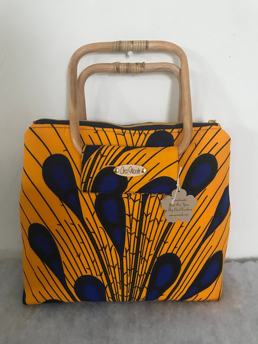 Blue and mustard African print wooden handle hand bag – Awura's Wardrobe