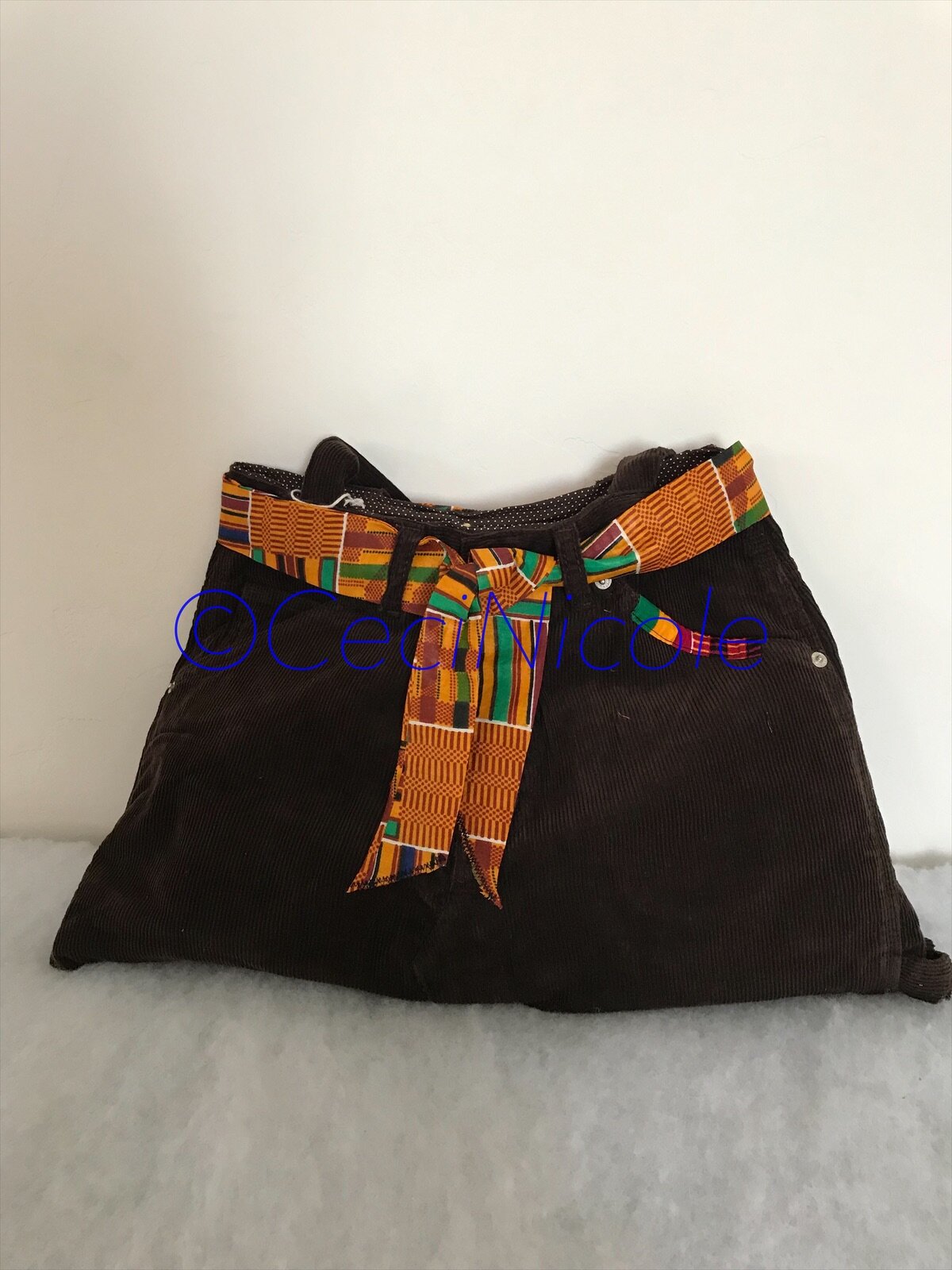 Corduroy Handmade Handbag with African Kente Belt