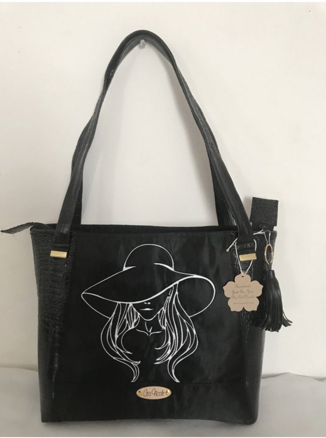 Handmade Lady in Hat Faux Leather Handbag/Everyday Tote Bag