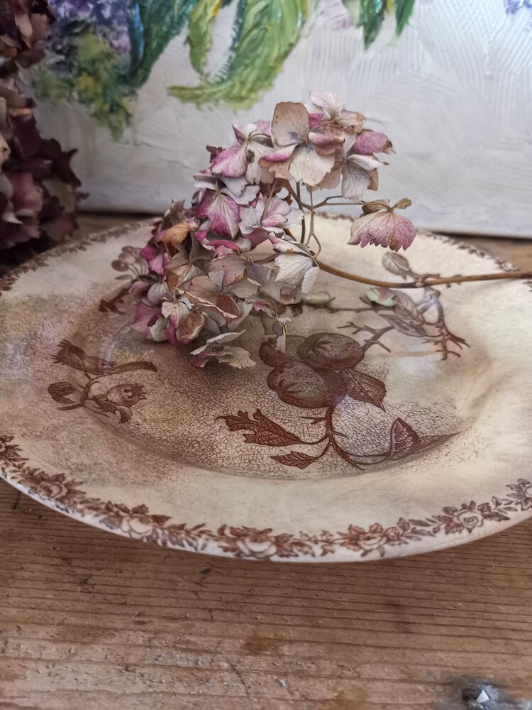 Close-up of floral transferware with faded blooms
