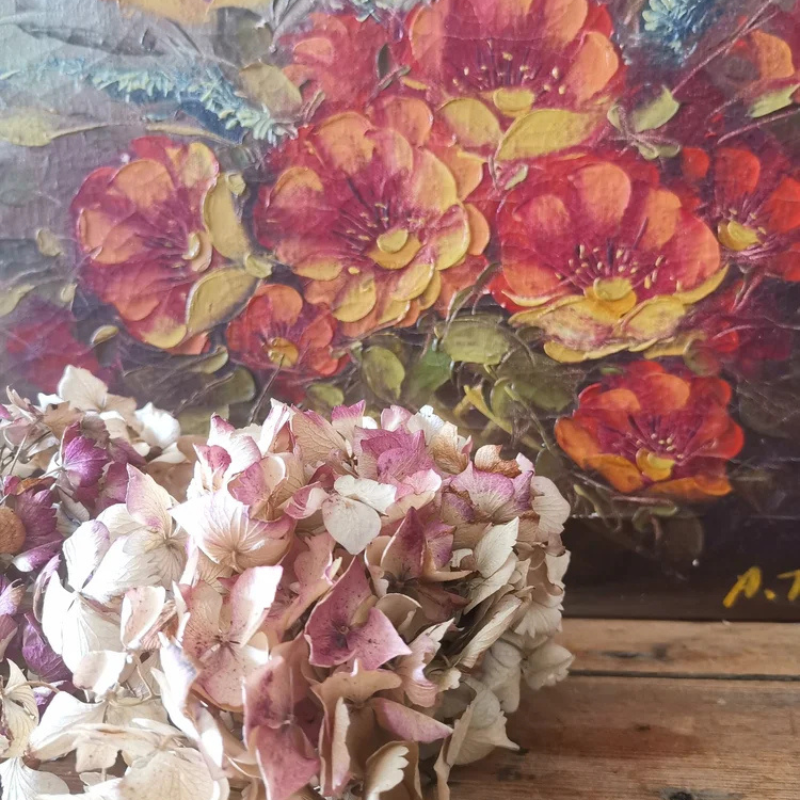 Vintage stylised roses oil painting in deep red and orange signed A. Taur
