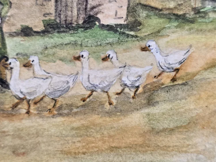 Detail of villagers feeding geese in early 20th century style print