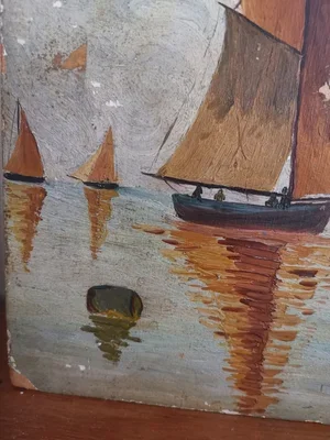 Small French harbour scene with sailboats, painted on wood, signed A. Laroche.