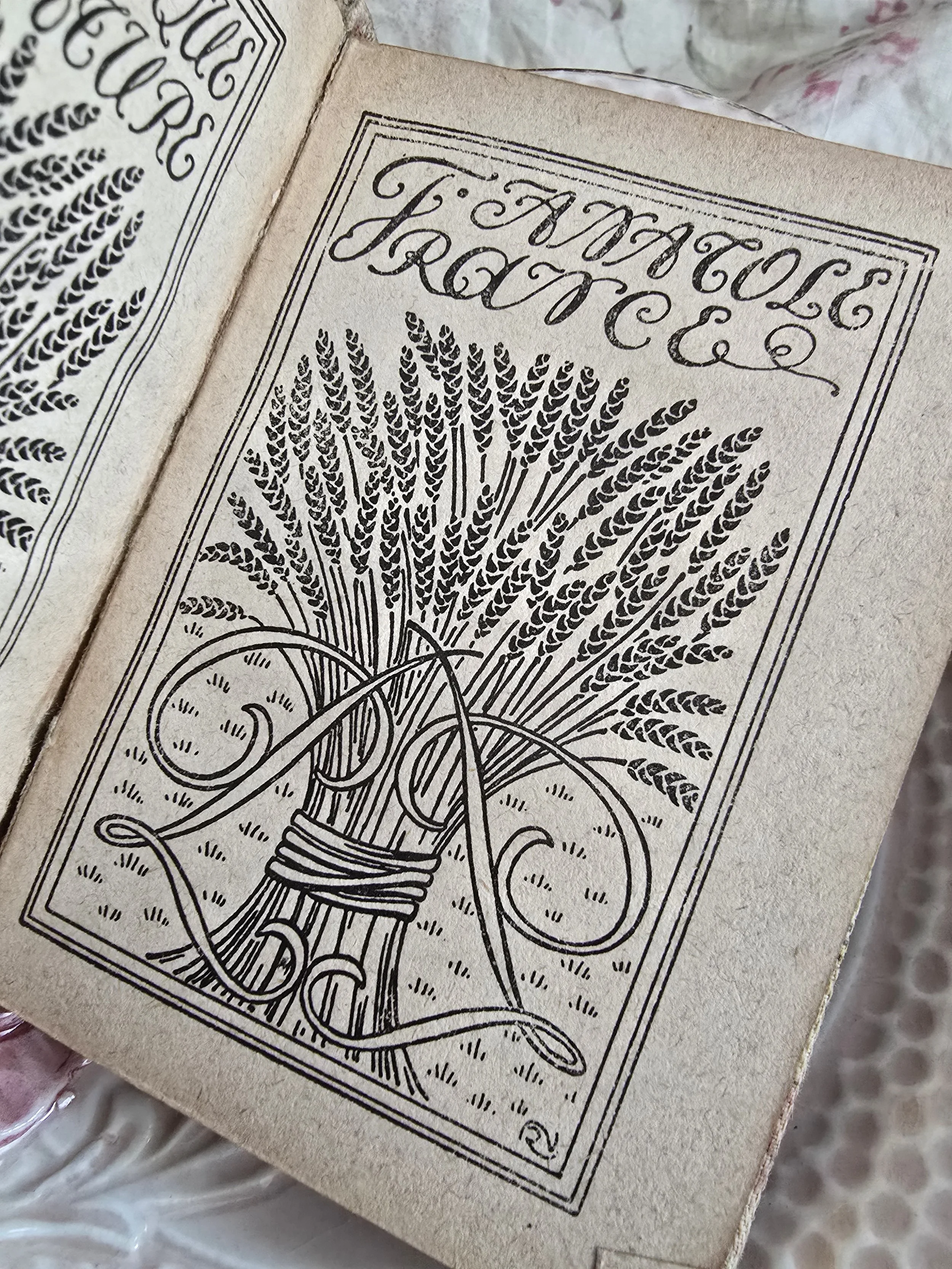 Flat lay of Anatole France Pensées book styled on ceramic plate with pink flower detail