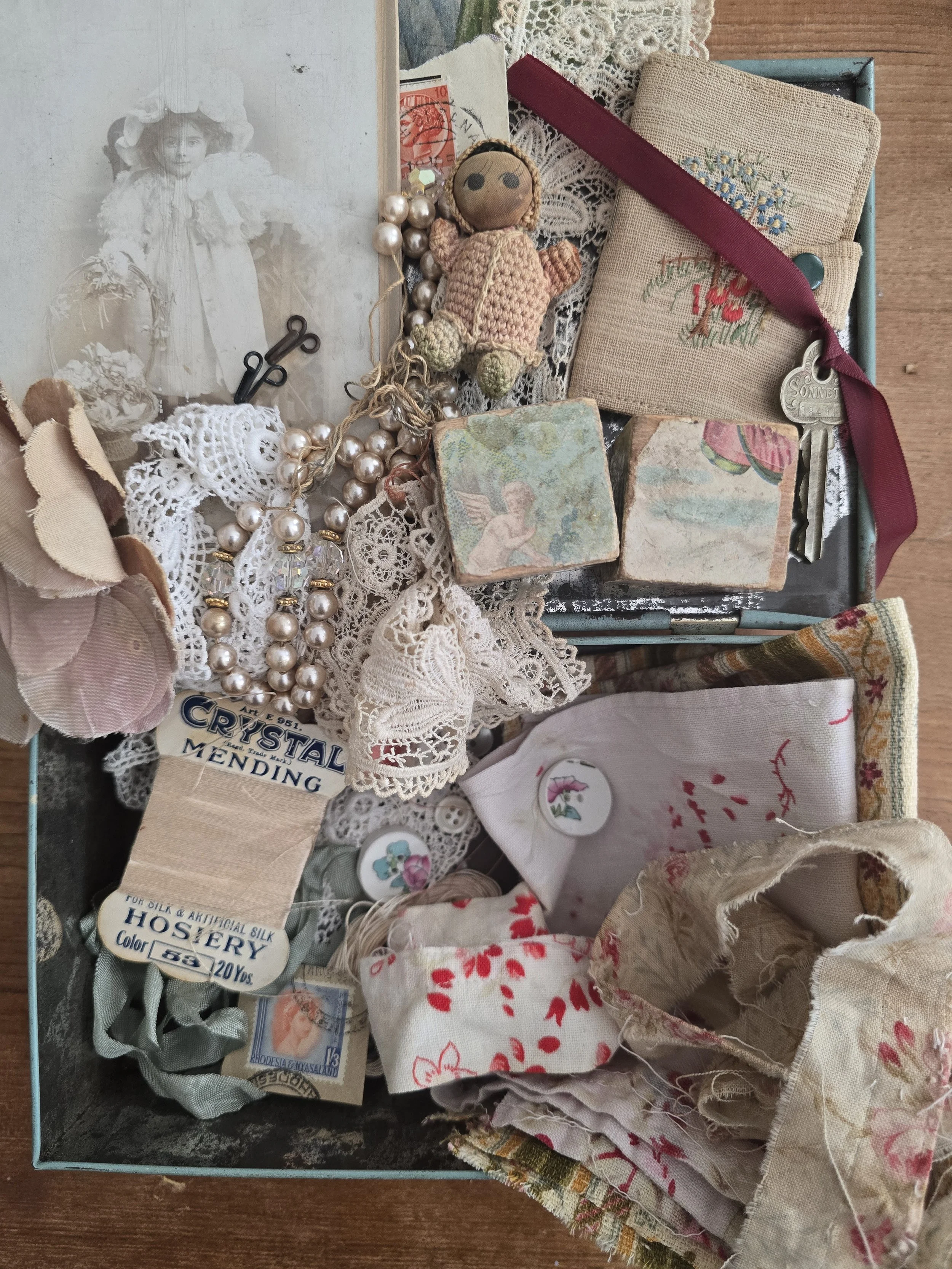 Vintage Keepsake Tin Filled with Antique Sewing Treasures, Lace & Ephemera
