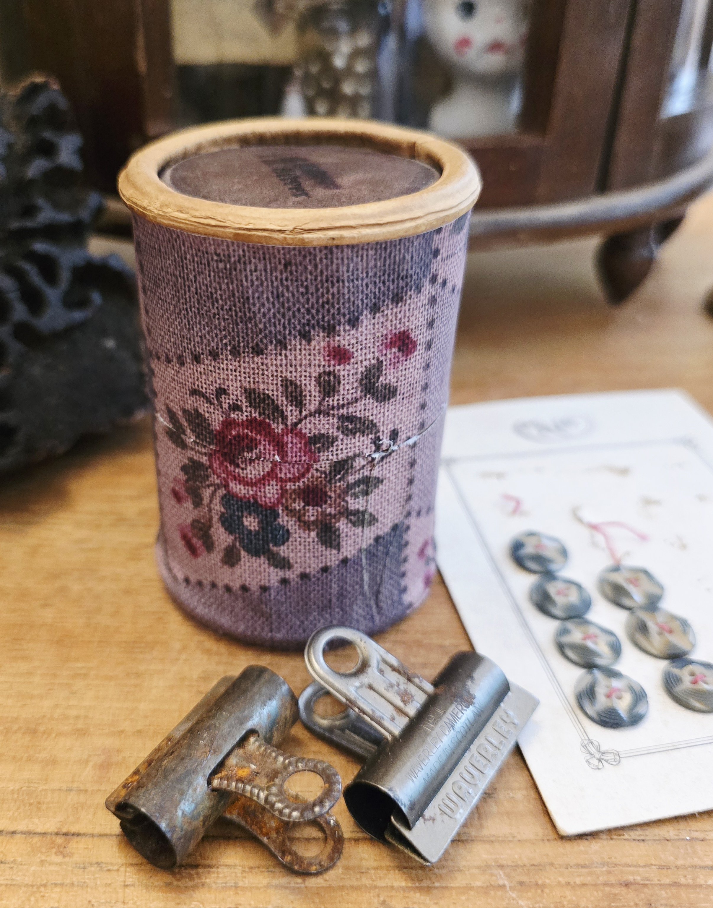 Studio Made old cylindrical box covered with a faded antique French floral textile design