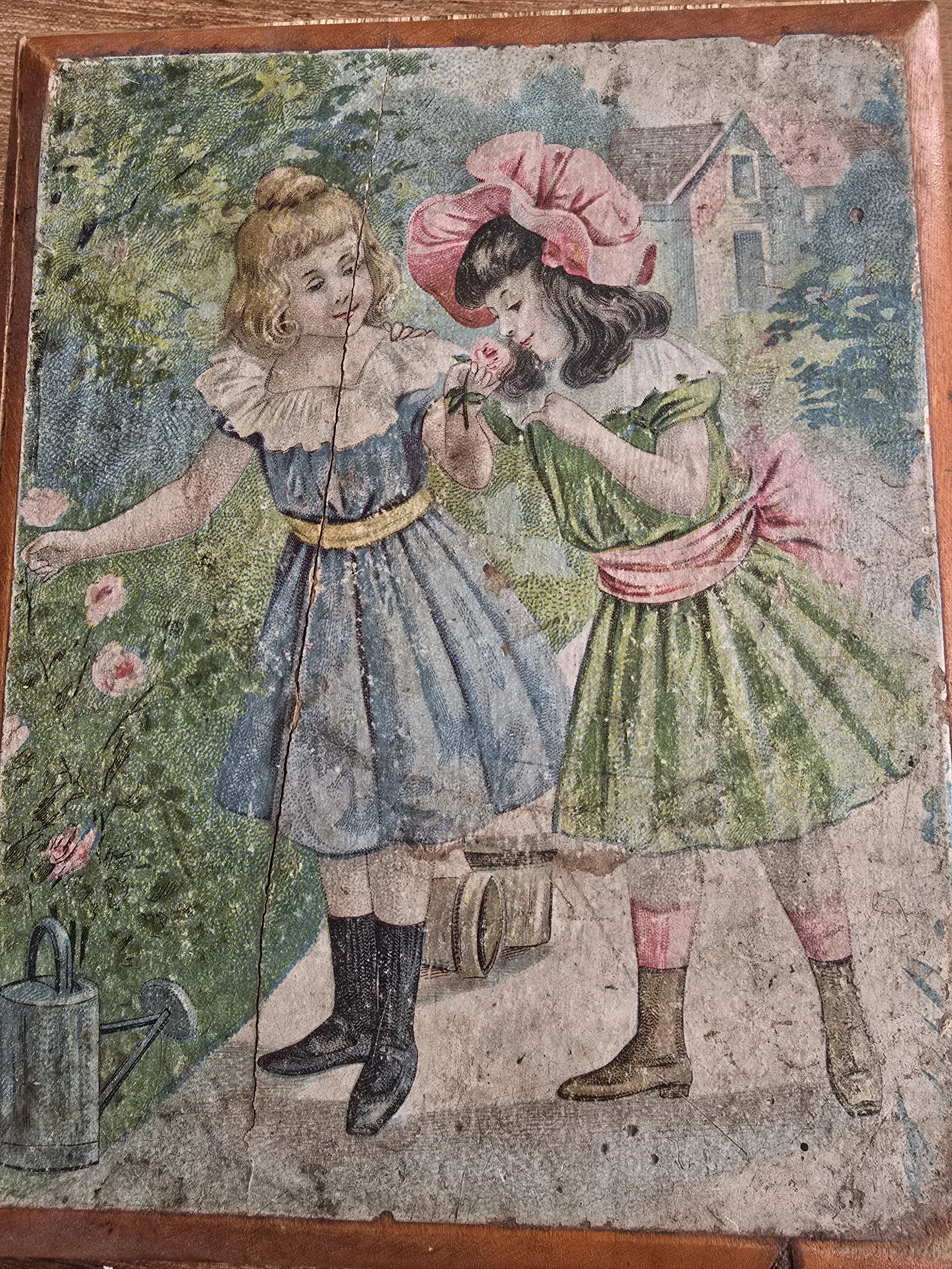 antique french wooden puzzle box with illustrated blocks inside