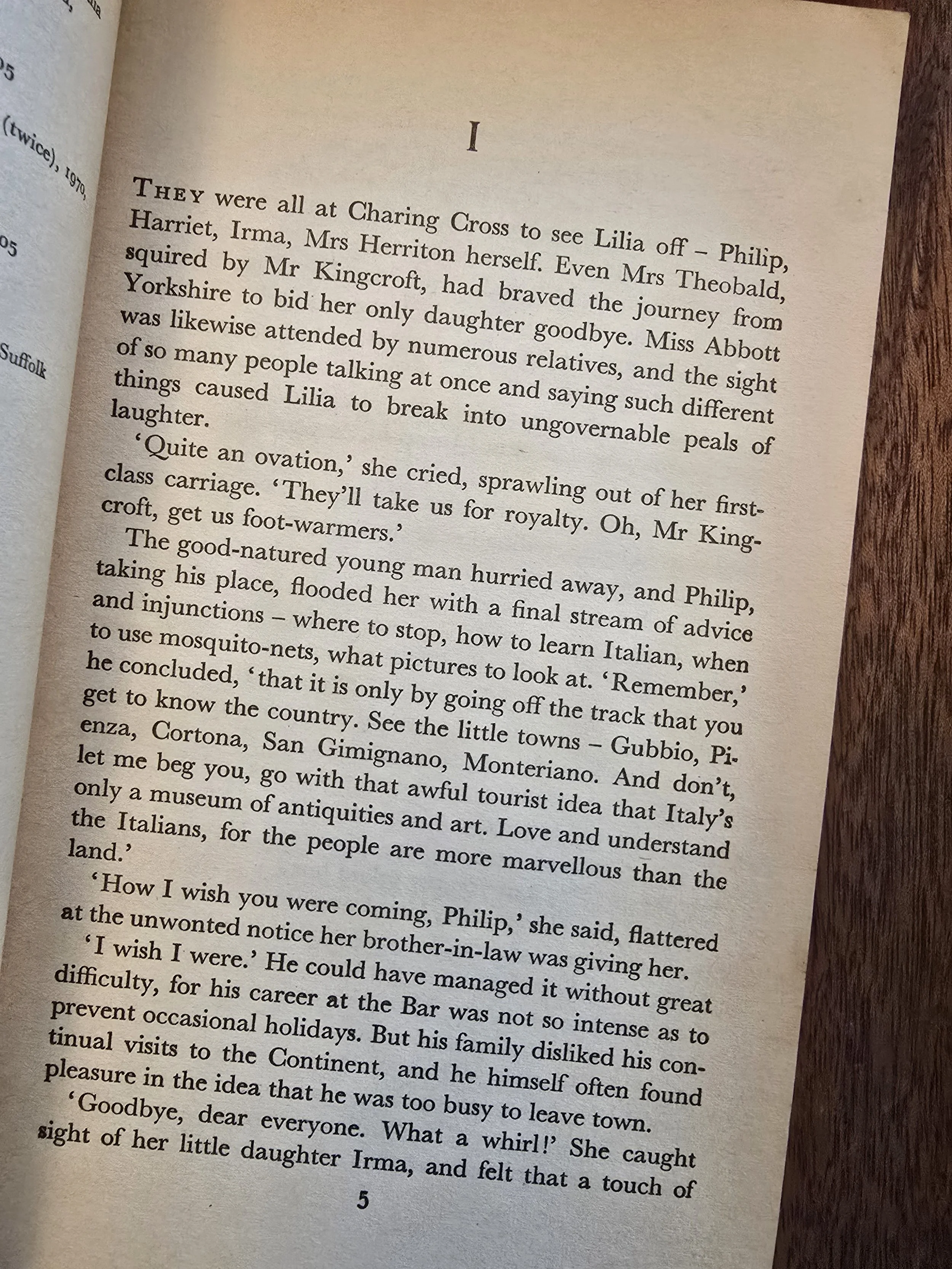 Inner page of Where Angels Fear to Tread Penguin paperback showing opening text. SEO Title