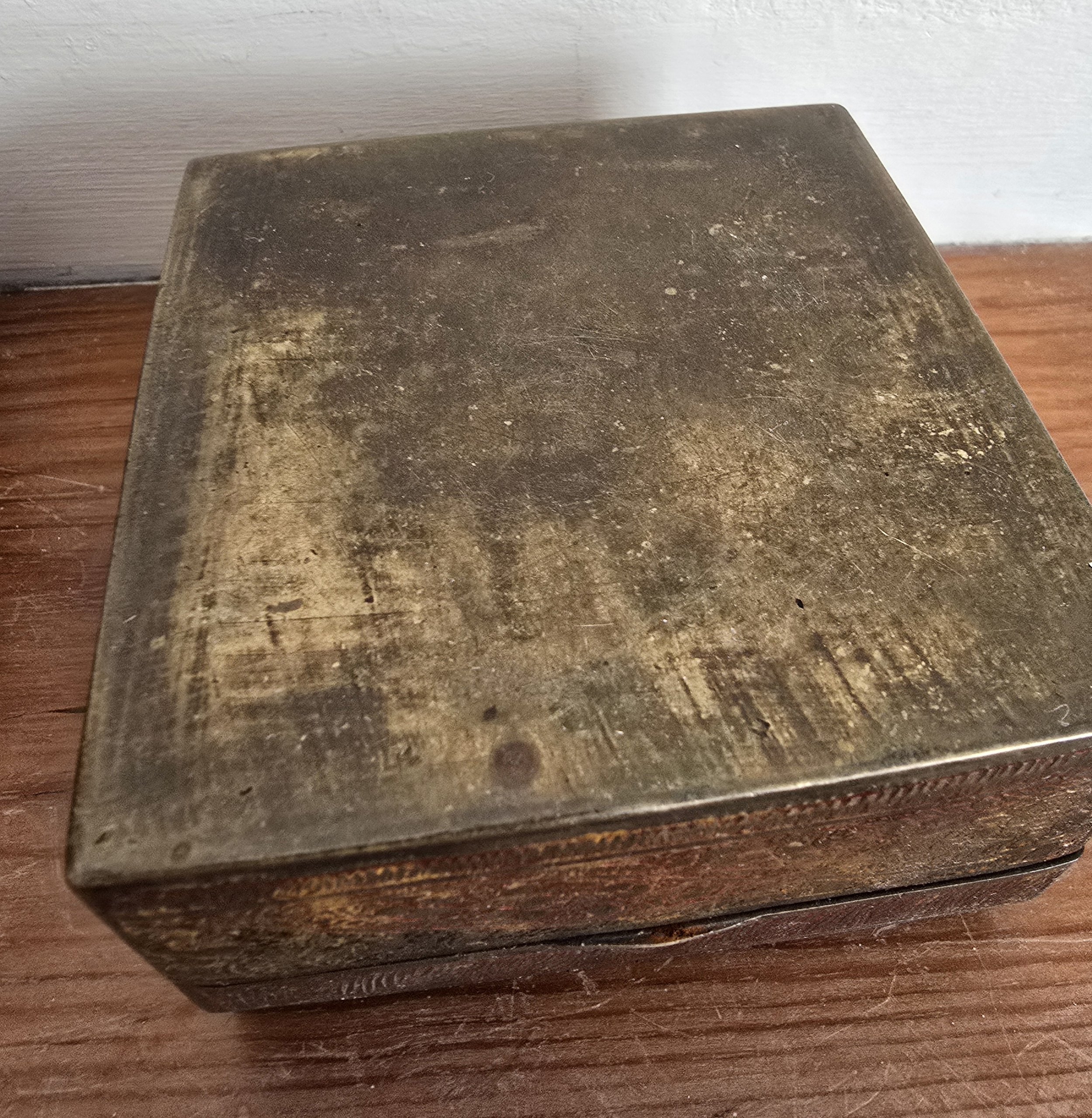 Vintage red copper box with painted peacock design on lid