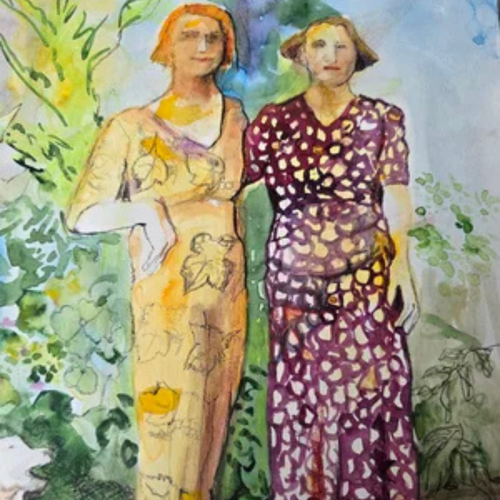 Vintage watercolour painting of two women