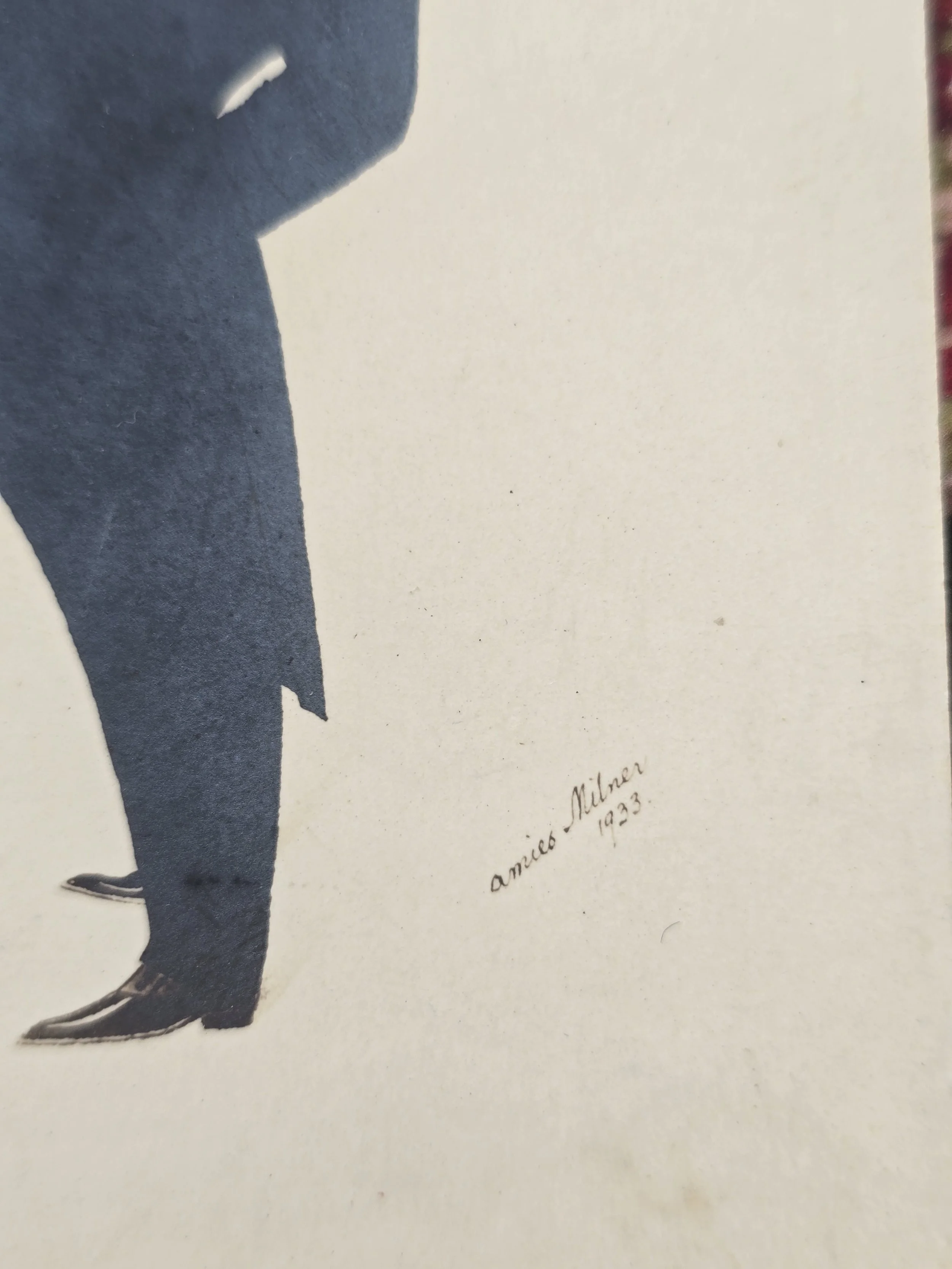 Close-up of the finely drawn face and hair in an Amies Milner caricature