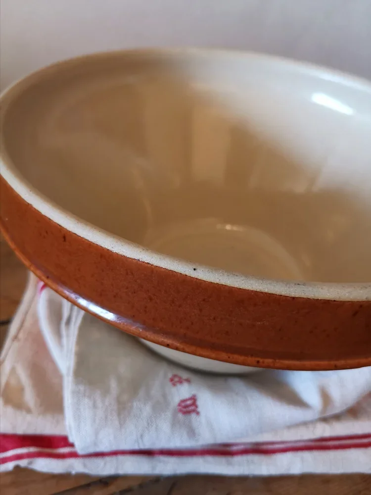 Interior view of French Digoin mixing bowl showing glazed interior