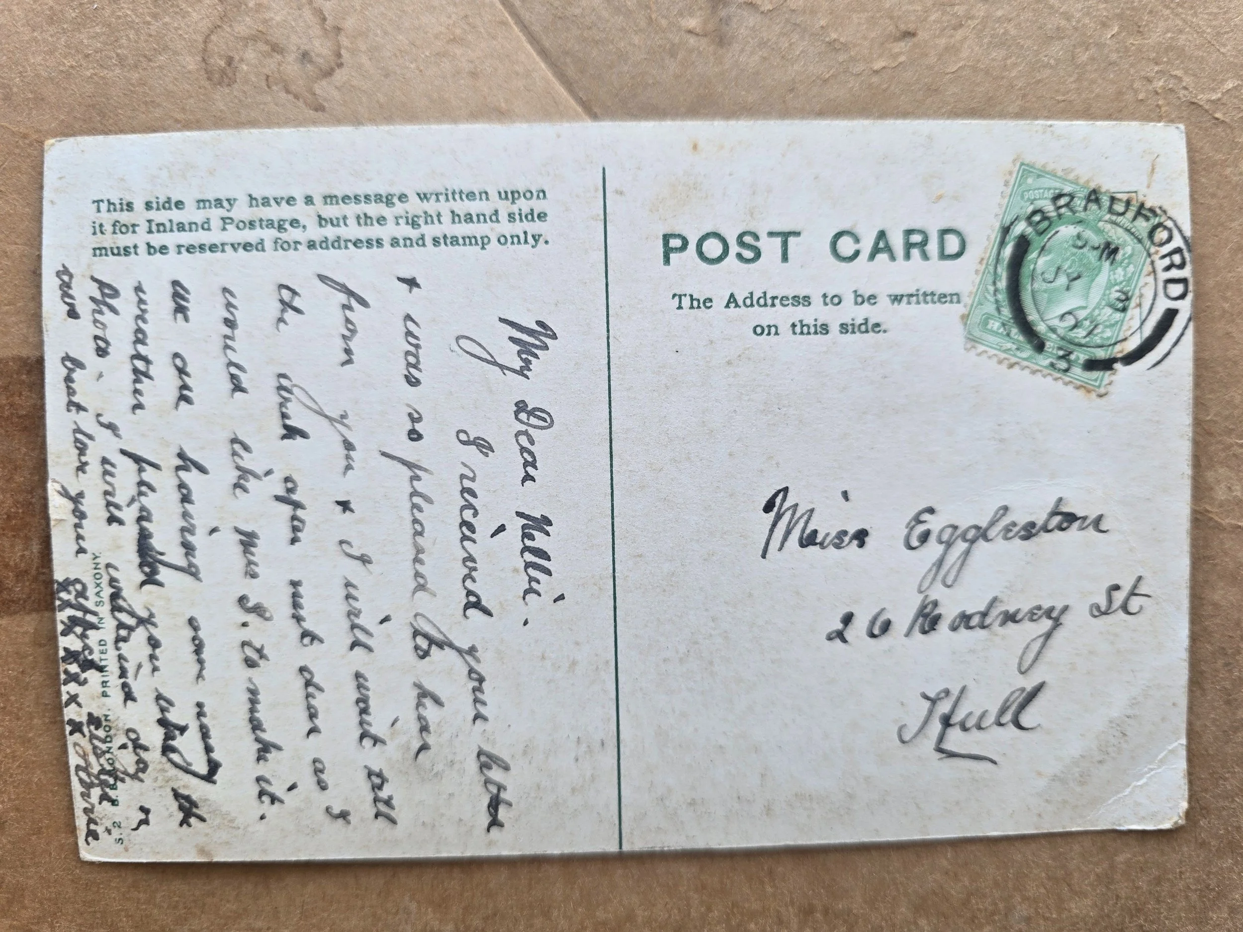 Reverse of Edwardian postcard with handwritten message and green halfpenny stamp