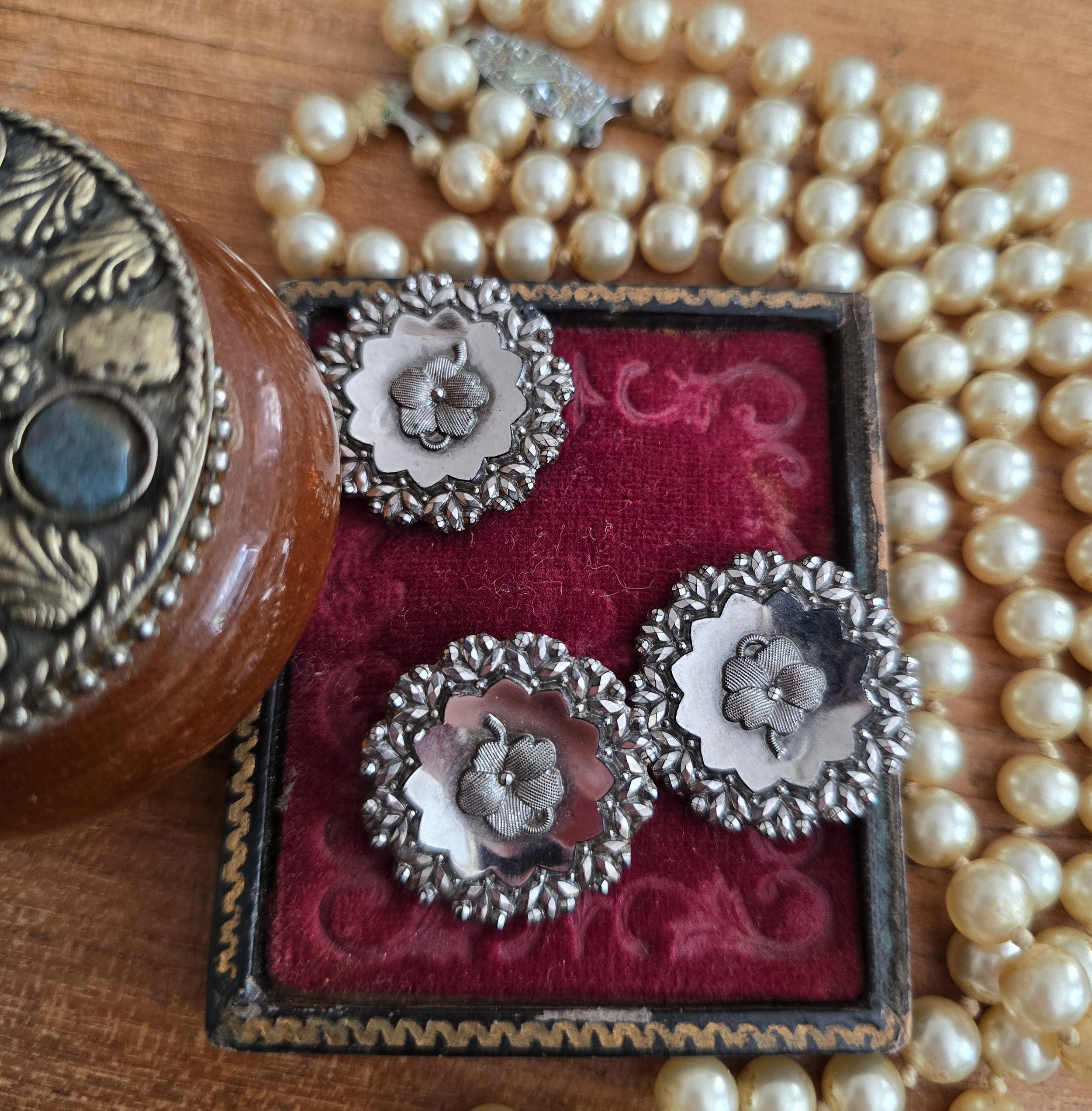 Antique Victorian Pressed Steel Buttons, Set of Three, Shamrock Design, c.1850–1880