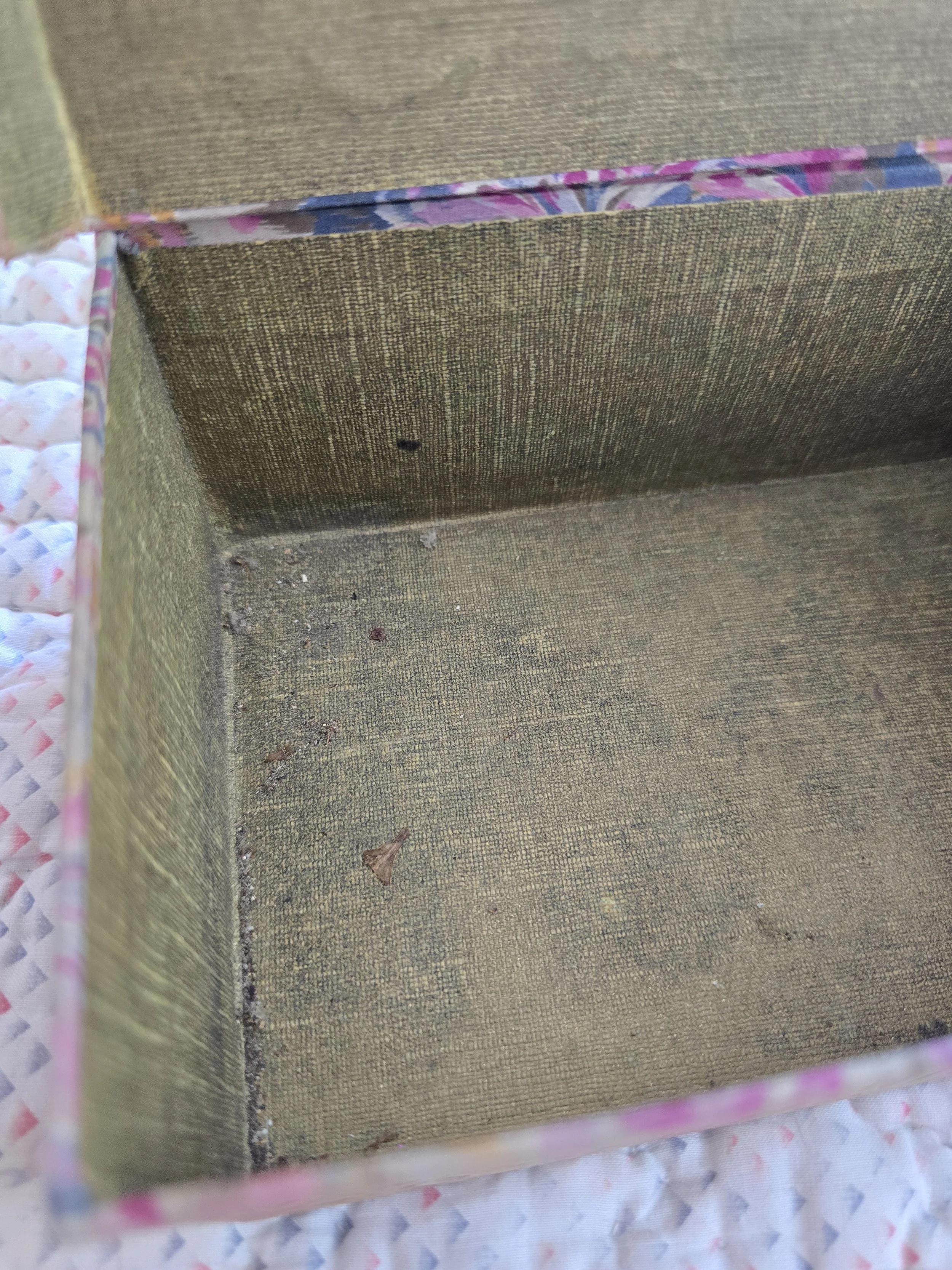 Vintage fabric-covered keepsake box with faded floral abstract pattern in blush and taupe tones