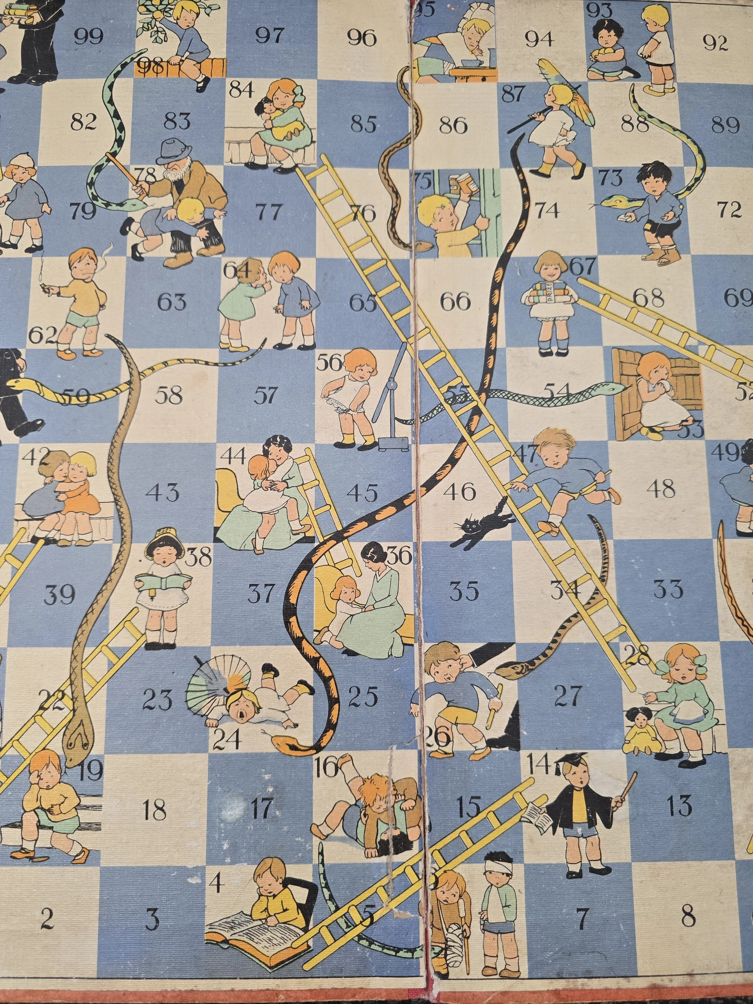 Vintage 1930s Spear’s Snakes and Ladders board with blue and cream squares