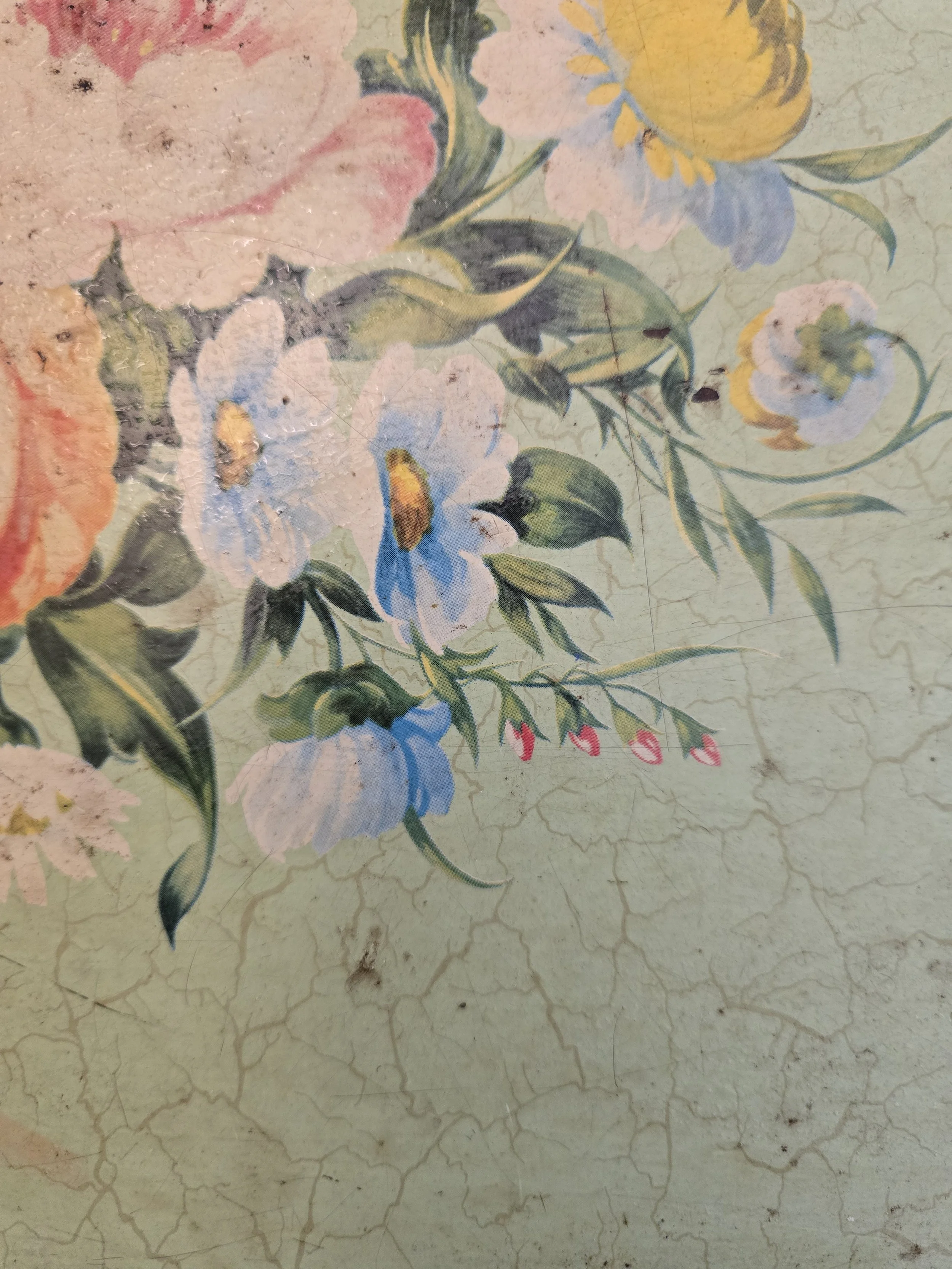 Soft pink and peach floral arrangement painted on vintage folding breakfast tray with worn surface. (Copy)