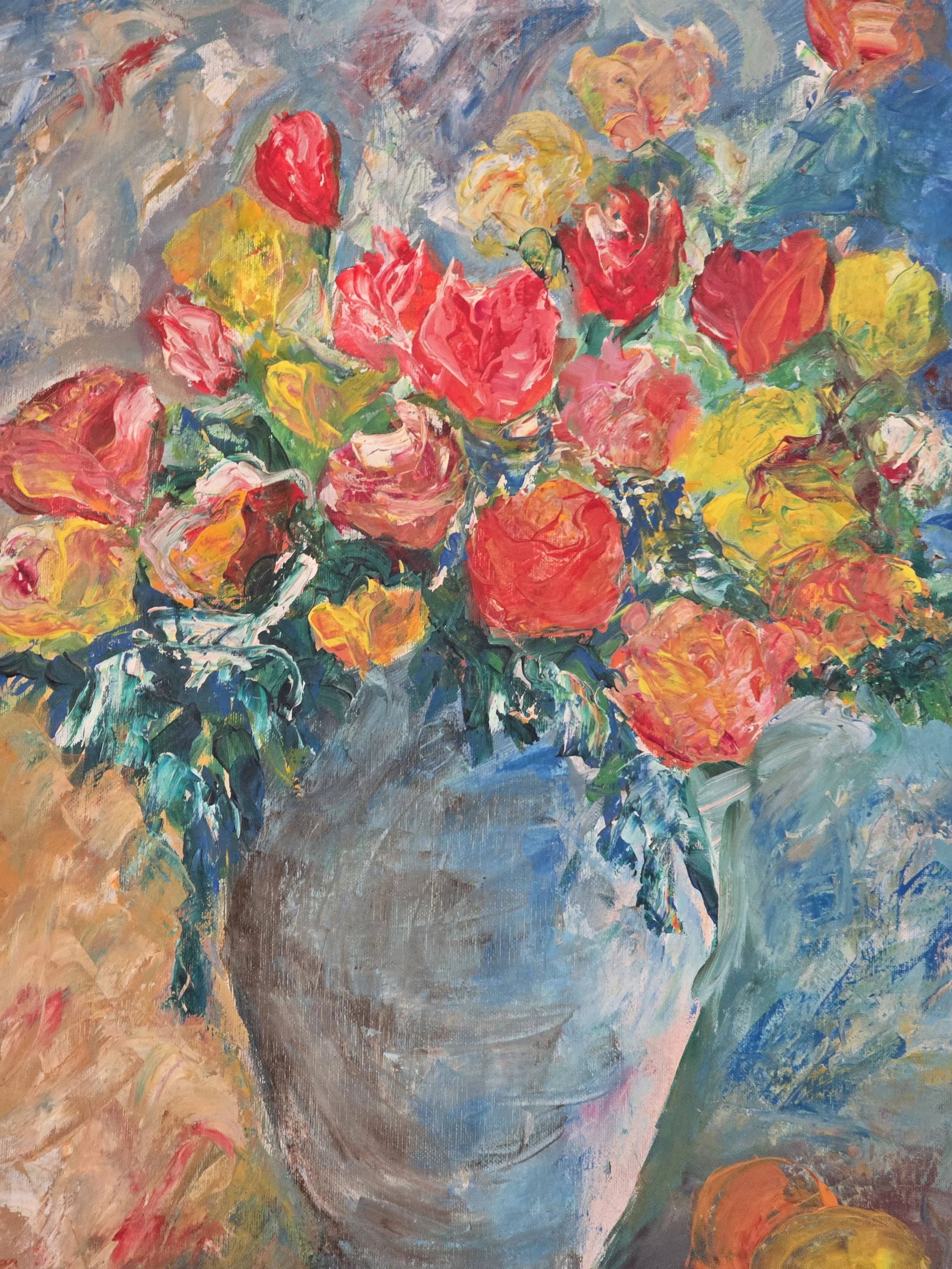 Original French flower painting with expressive brushwork and vibrant pink and yellow blooms.