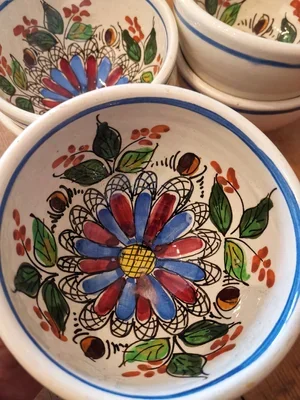 Set of six vintage French floral bowls, colourful hand painted designs with rustic farmhouse charm.