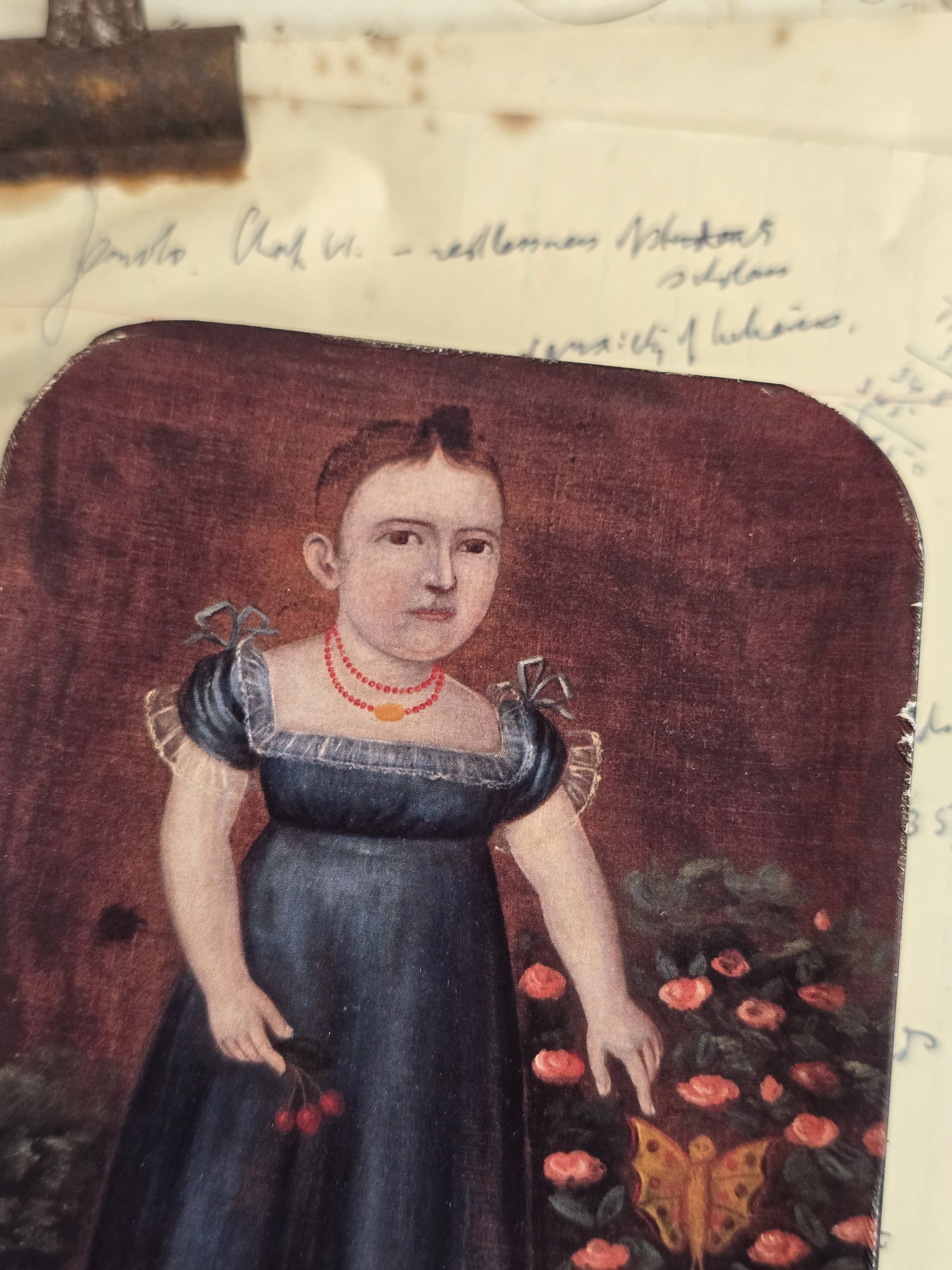 Reclaimed vintage tin with aged folk art portrait and distressed hand-finished edges.