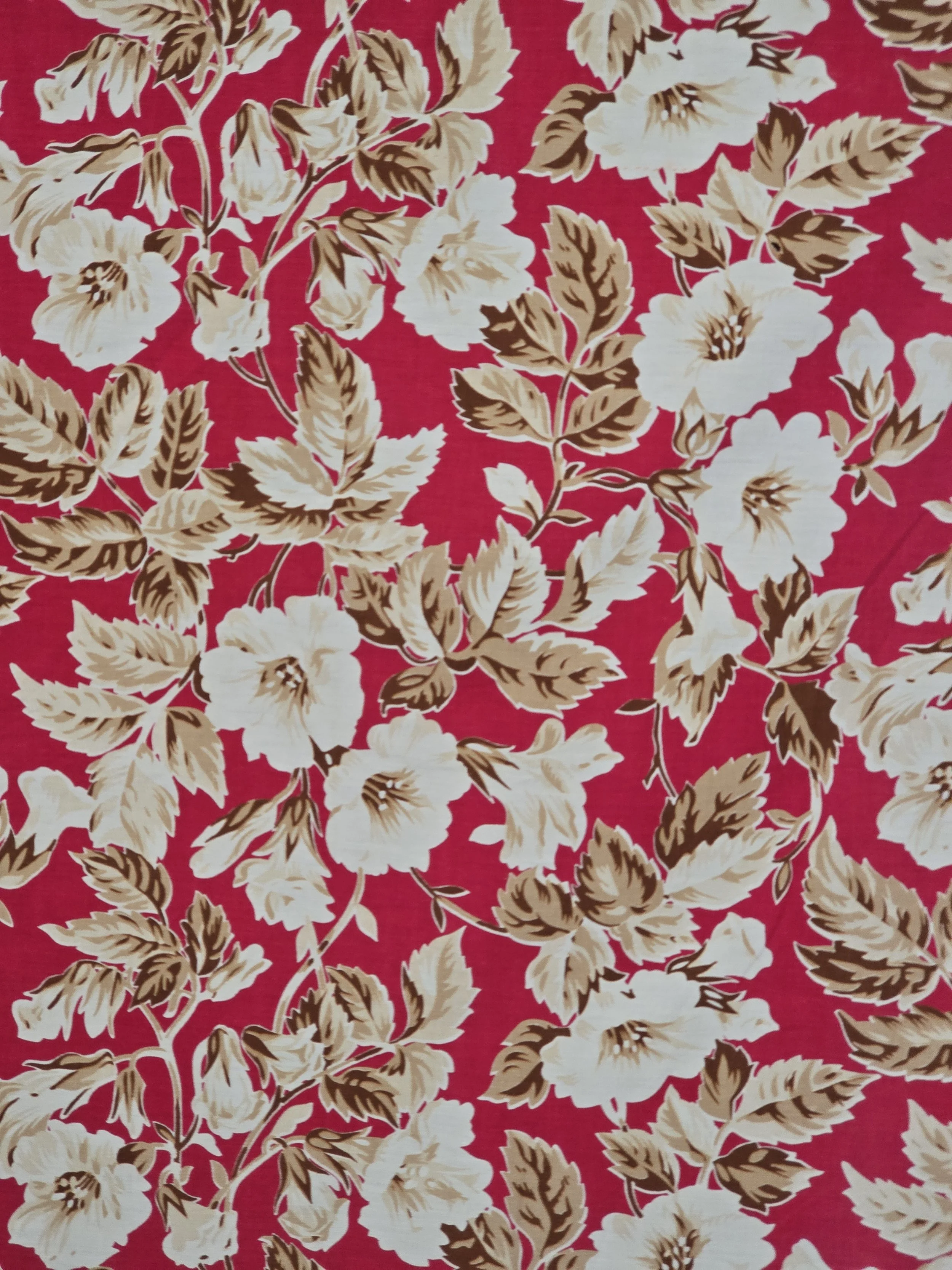 Vintage upholstery fabric with sepia leaves and cream floral design