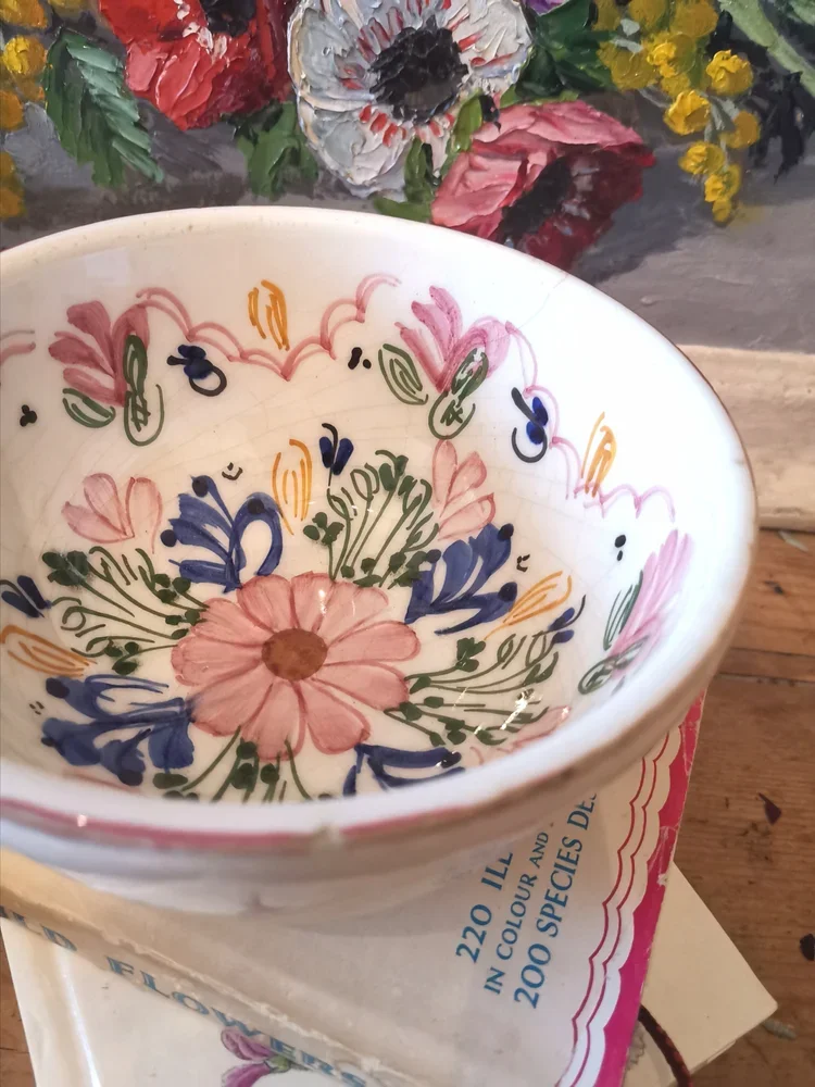 Side view of vintage Ceramicas Spanish bowl showing painted flowers and foliage