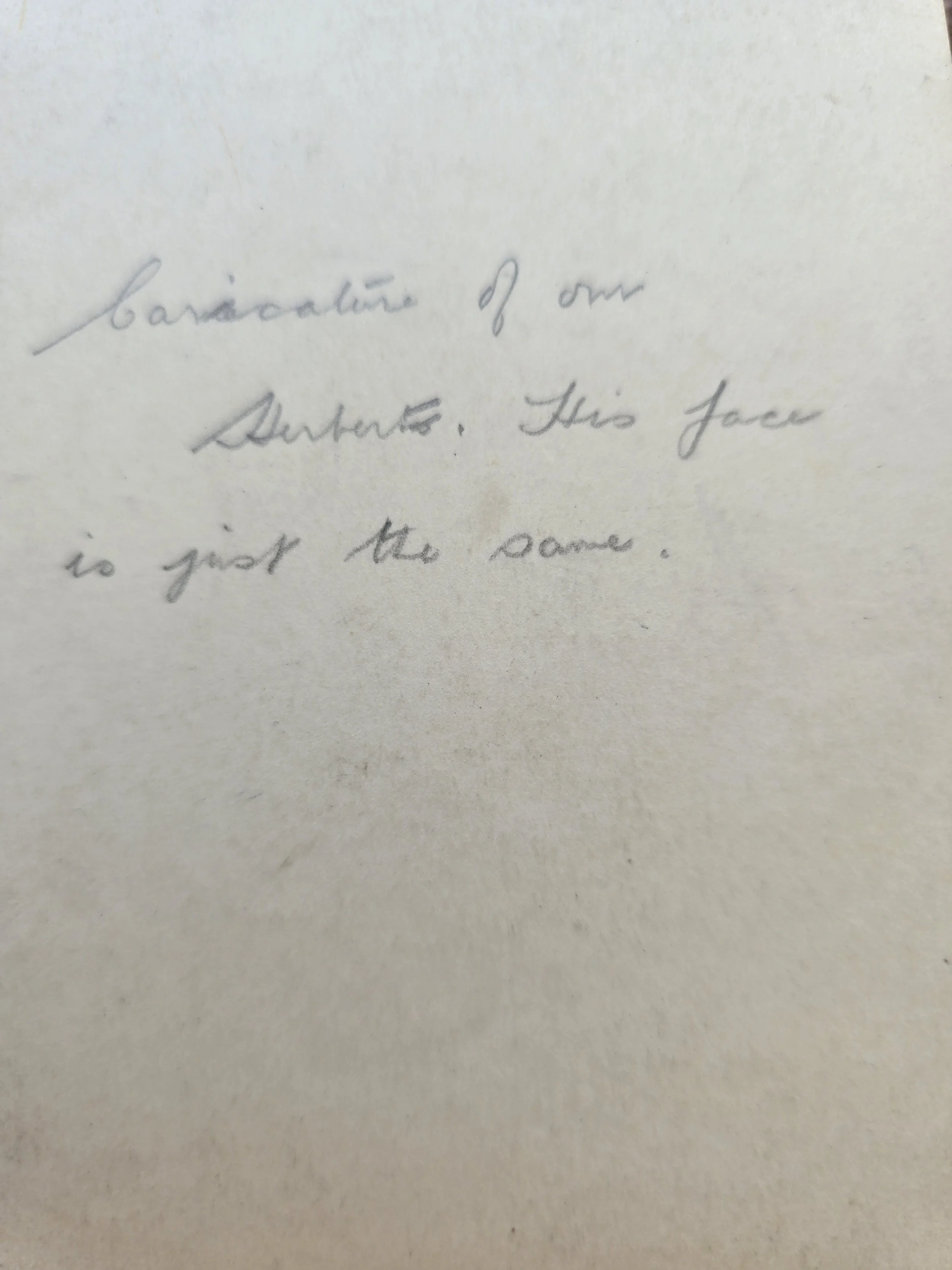 Reverse of 1933 Amies Milner caricature with handwritten inscription