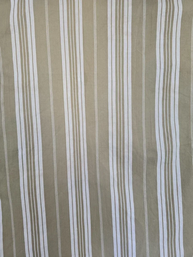 Vintage French ticking fabric with ecru and taupe stripes, 1920s–1940s, used for mattress covers.