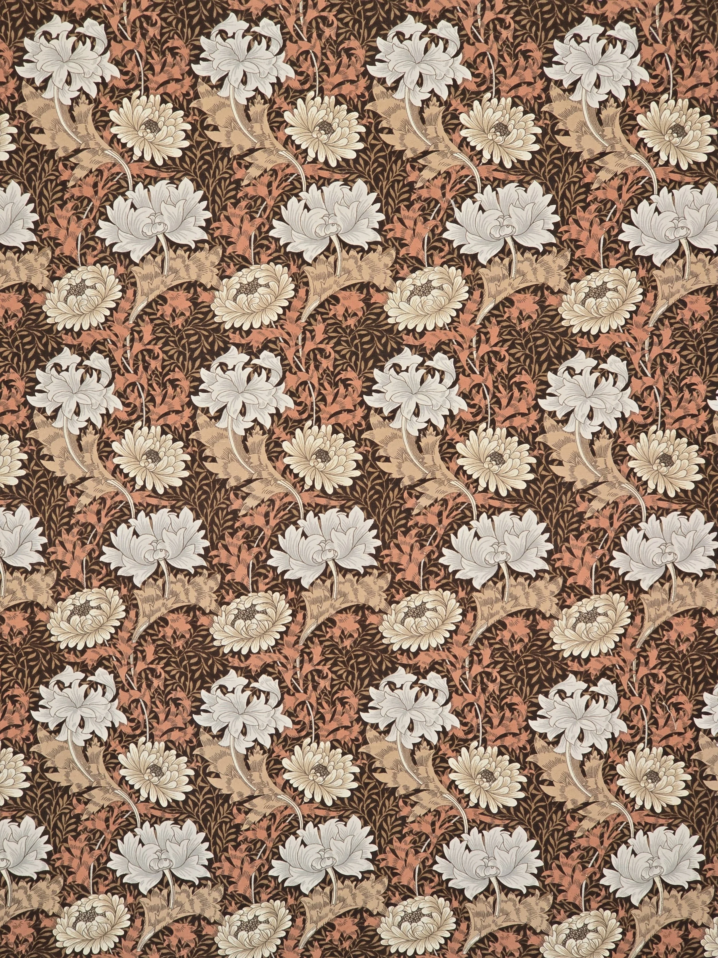 Arts and Crafts inspired floral furnishing fabric in terracotta, cream and brown.