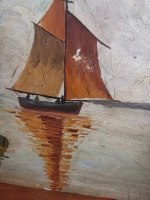 Nautical painting on board displayed on shelf, signed A. Laroche, 1932.