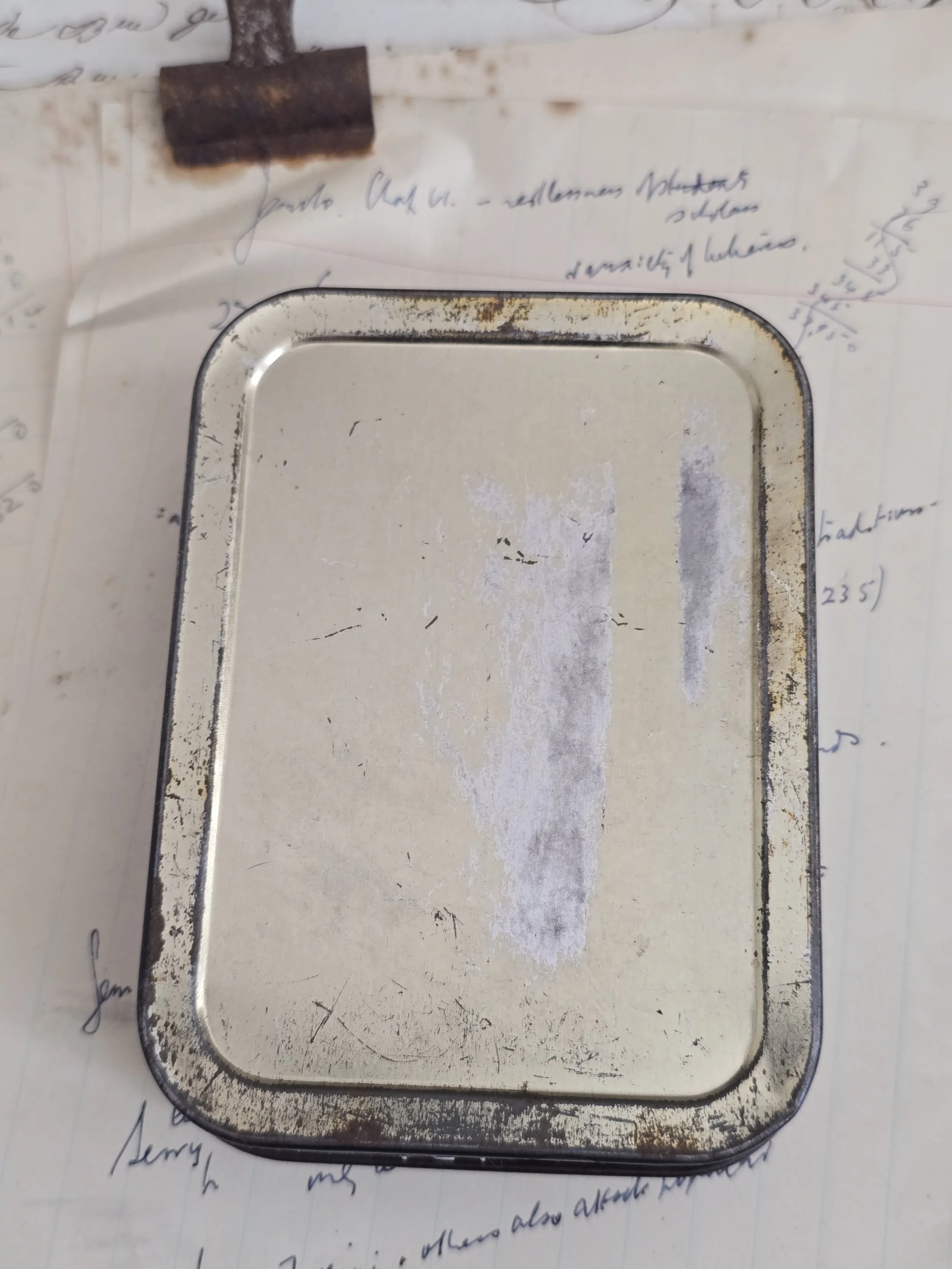 One-of-a-kind studio made storage tin created from a repurposed vintage box.