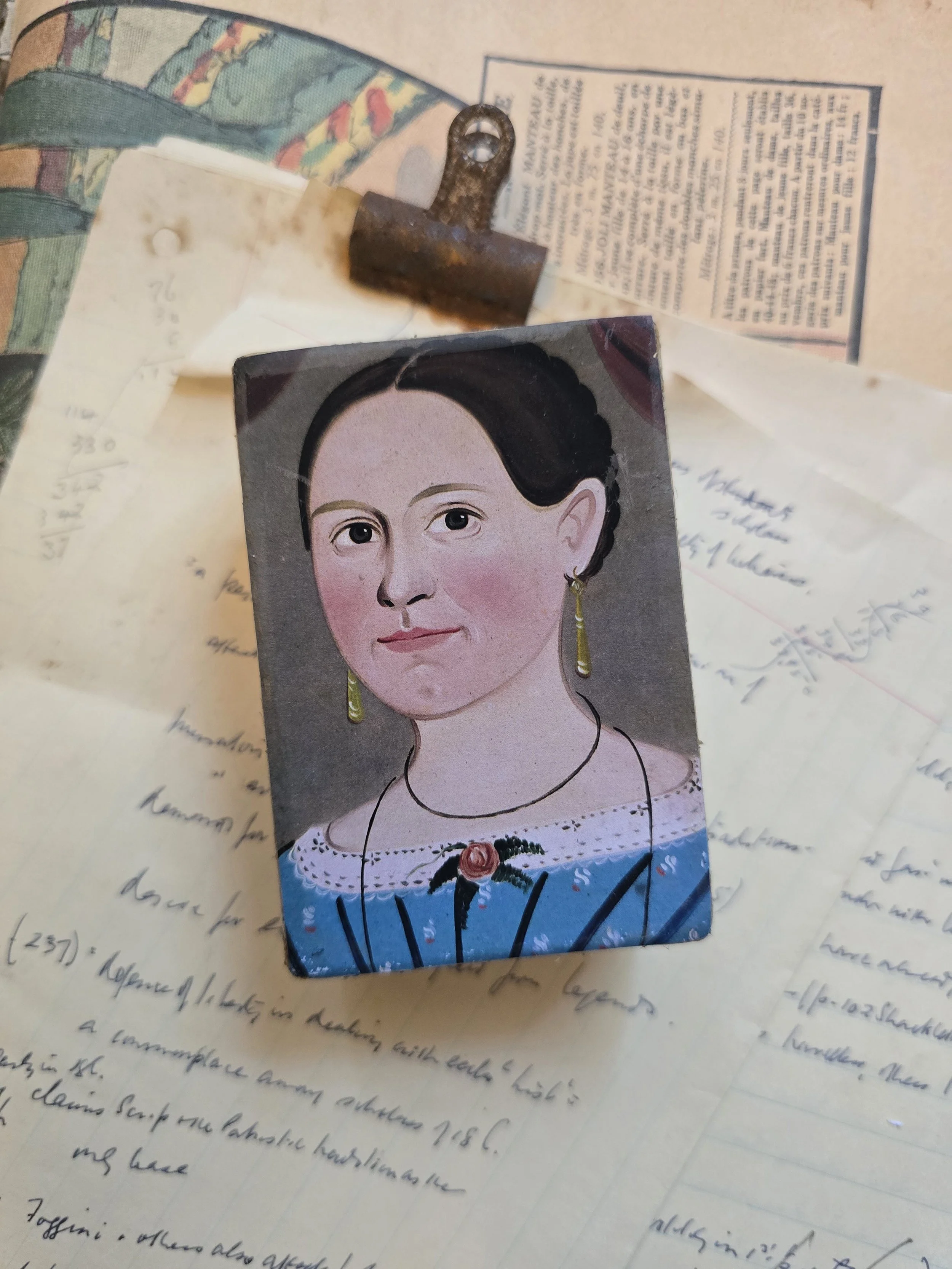 Studio Made vintage box with a found historical portrait of a woman in a blue dress permanently mounted onto the lid.
