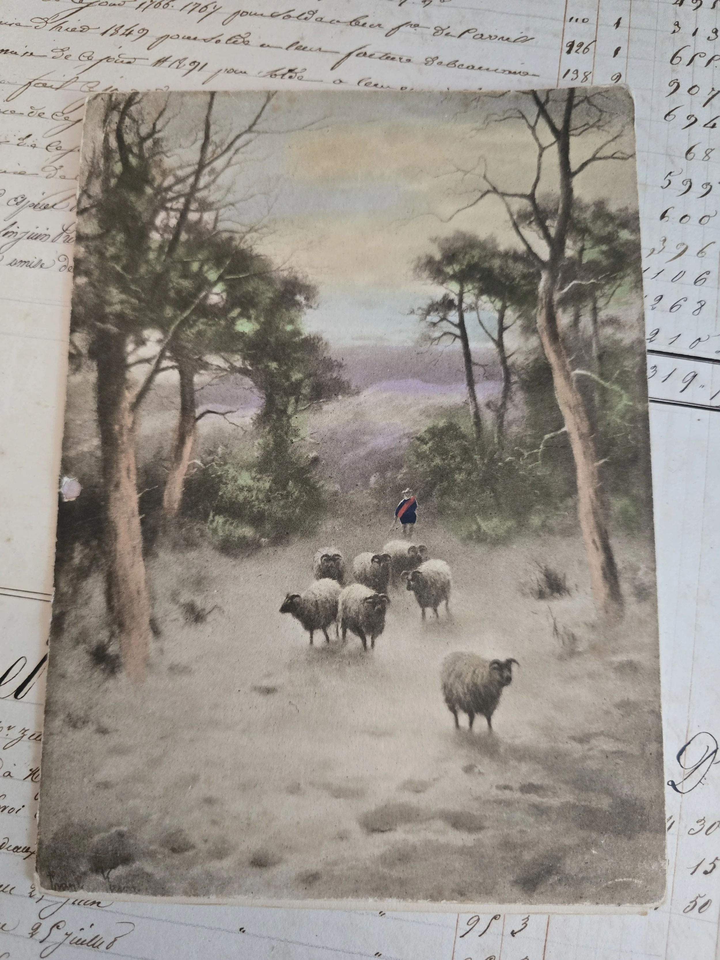 Antique Christmas Card, 1914, Shepherd & Sheep