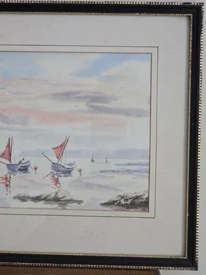 Detail of Downderry Beach watercolour painting showing boats with red sails reflected in water