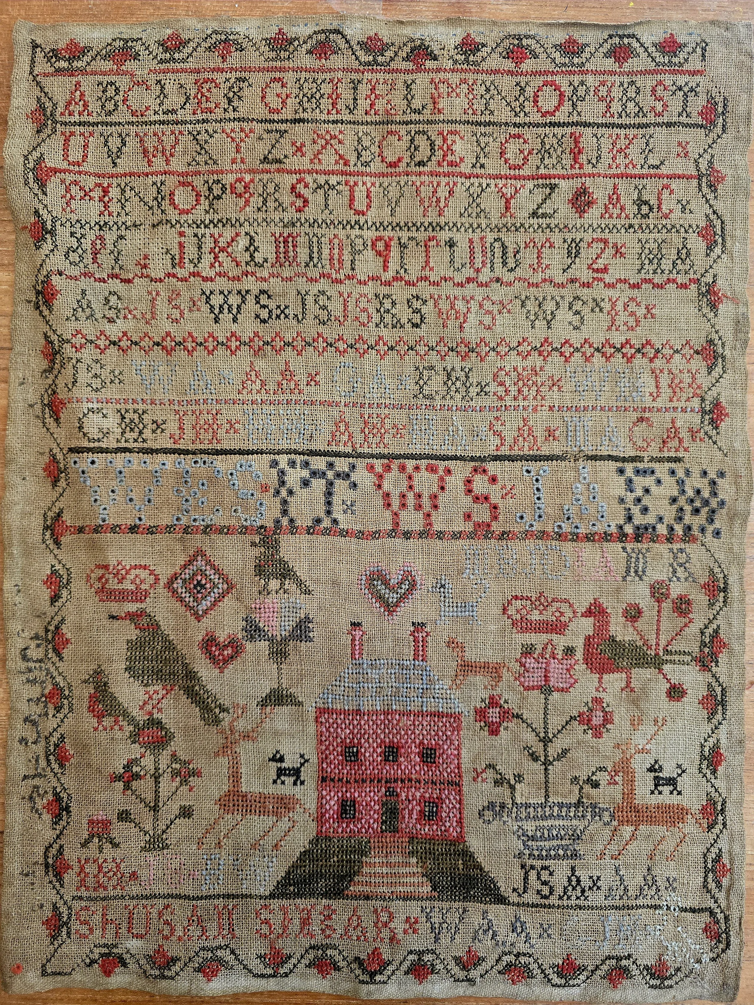 Late 18th Century Scottish Needlework Sampler, Probably Cullen, Aberdeenshire, Folk Art Embroidery, 33 x 44 cm