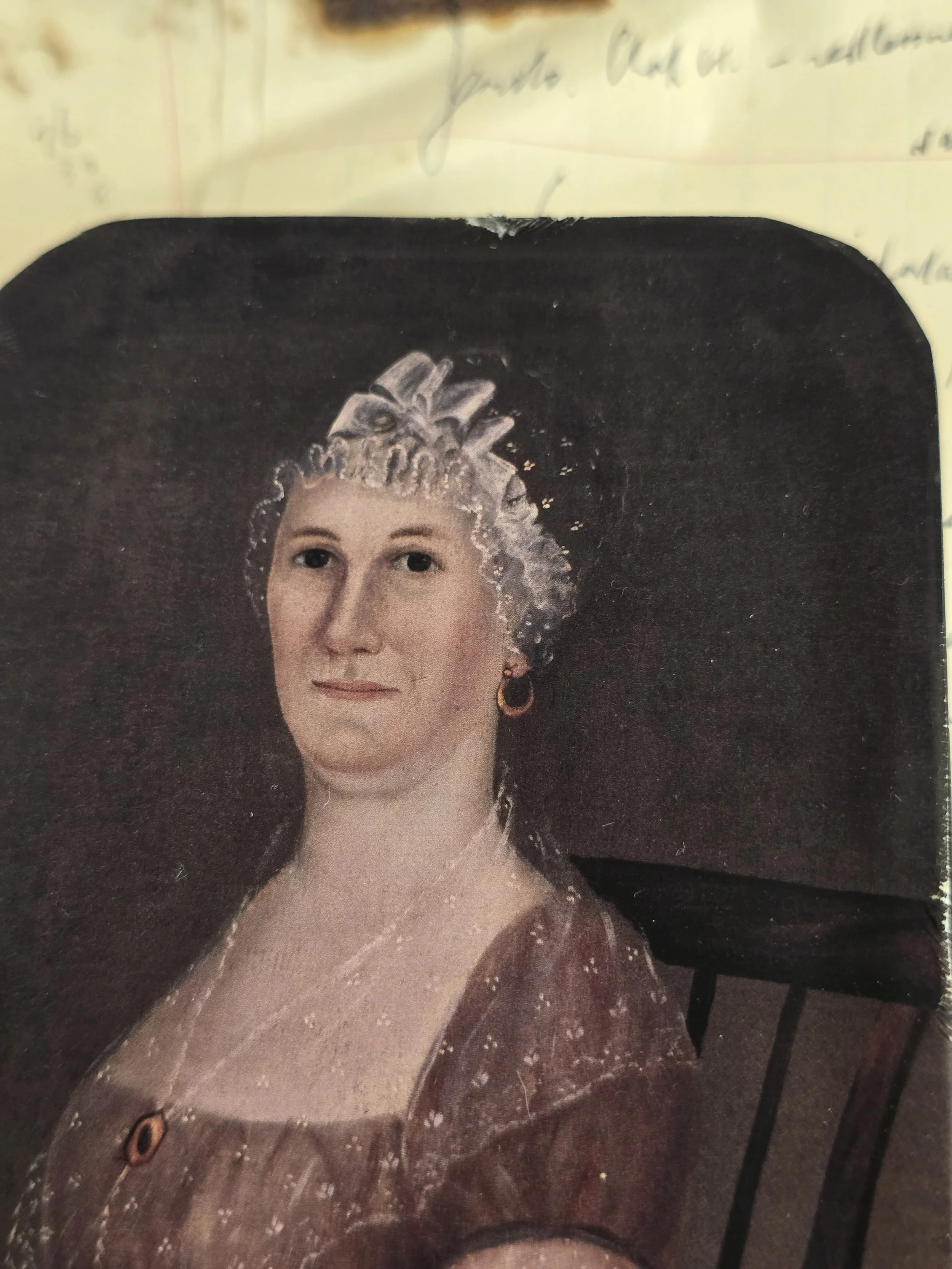 Detail of folk art portrait applied to reclaimed vintage keepsake tin.