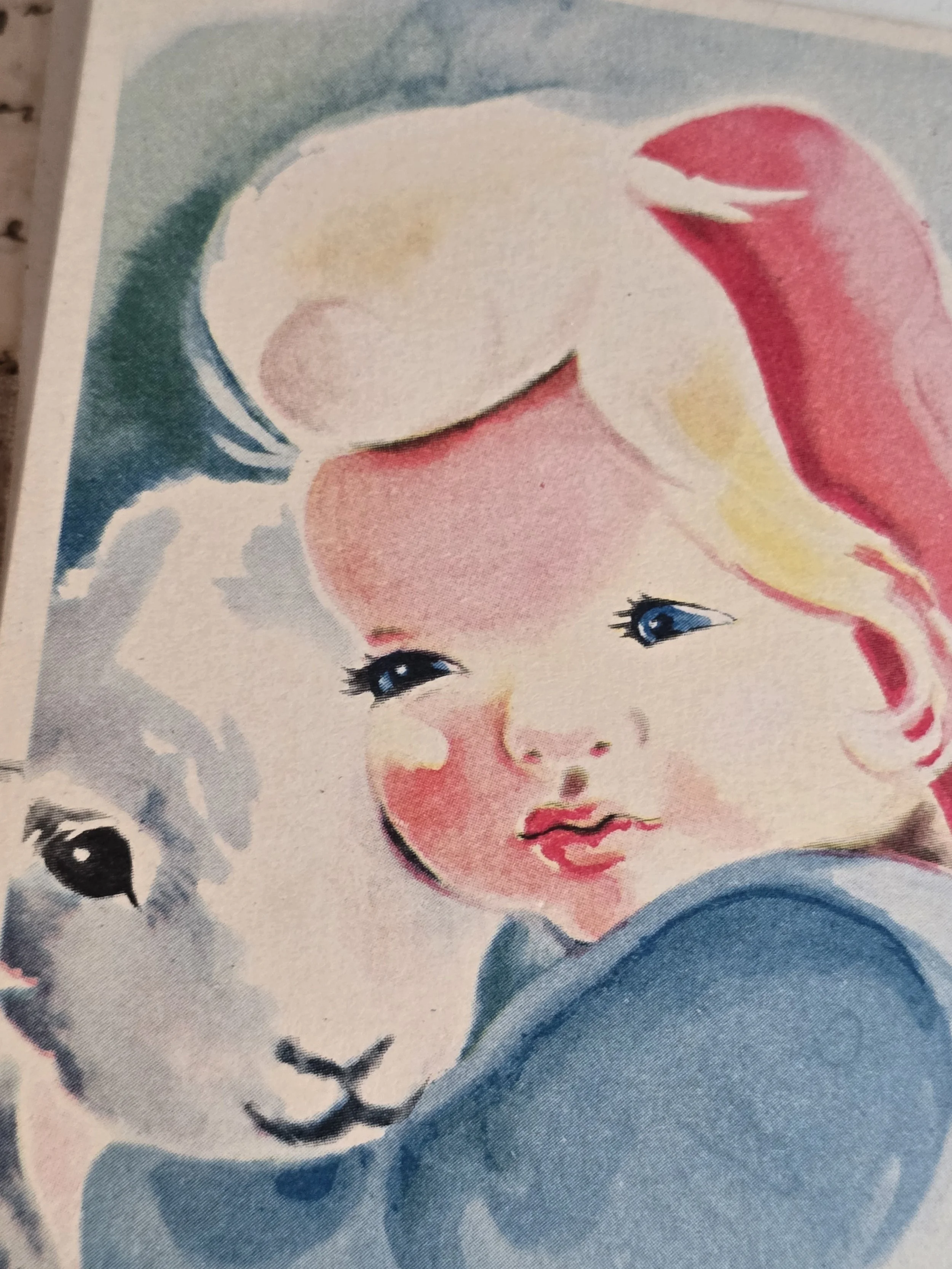 Mid century postcard with pastel illustration of child and lamb.
