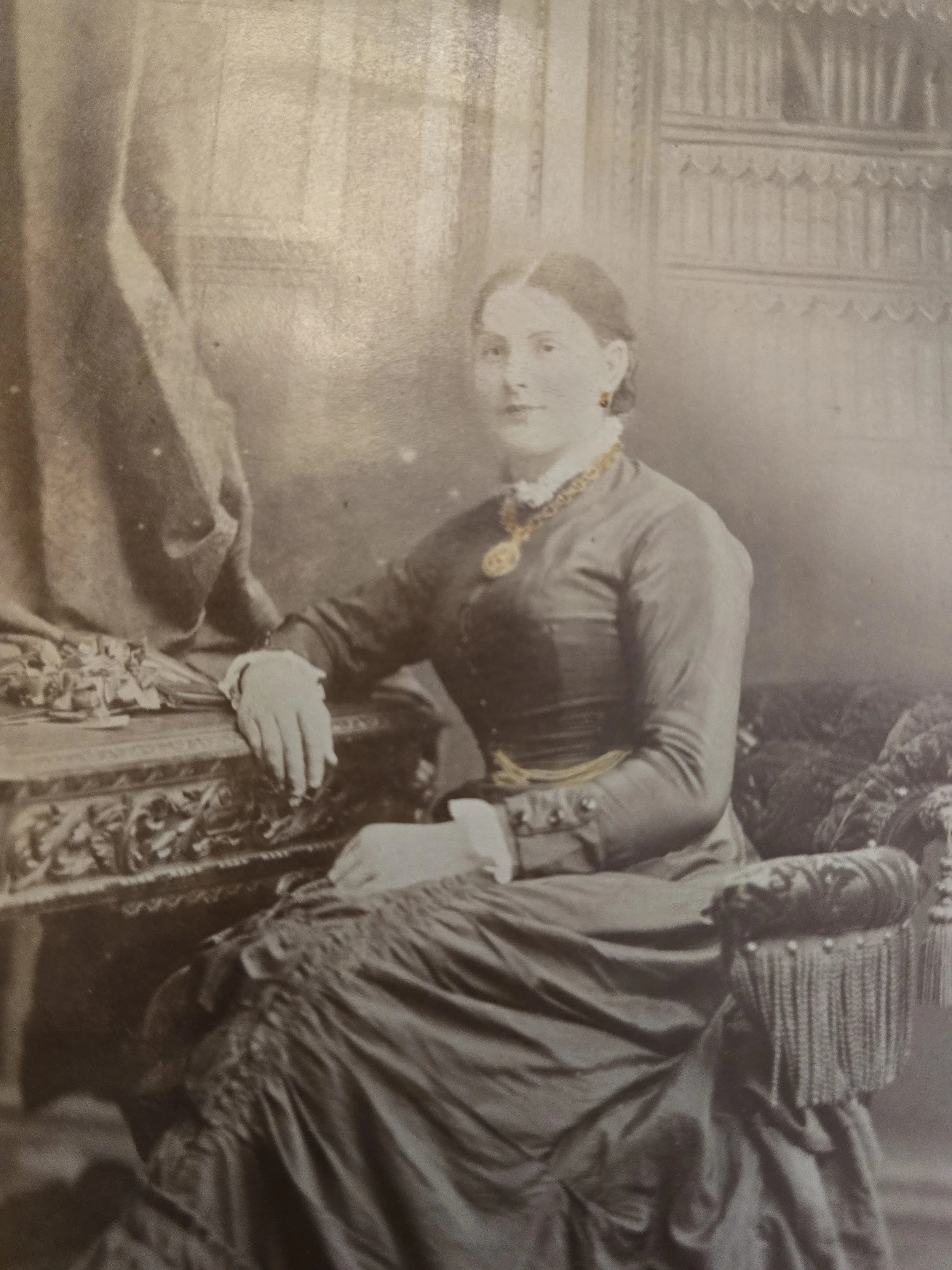 Antique nineteenth-century studio photograph featuring a woman in a bustle dress.
