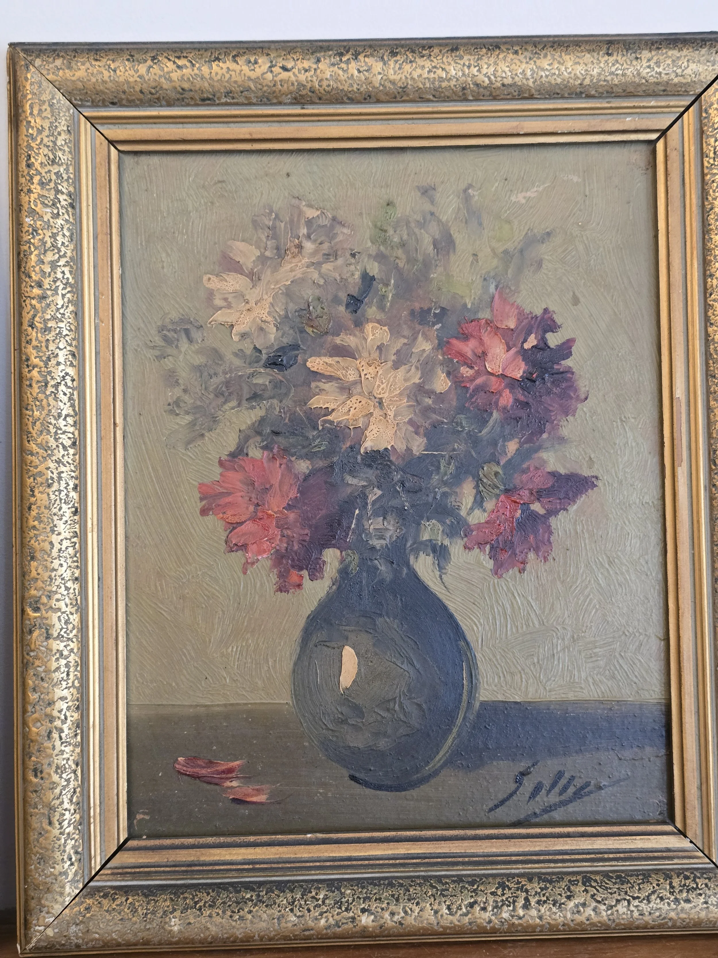 Detail showing thick impasto paint and layered floral petals.