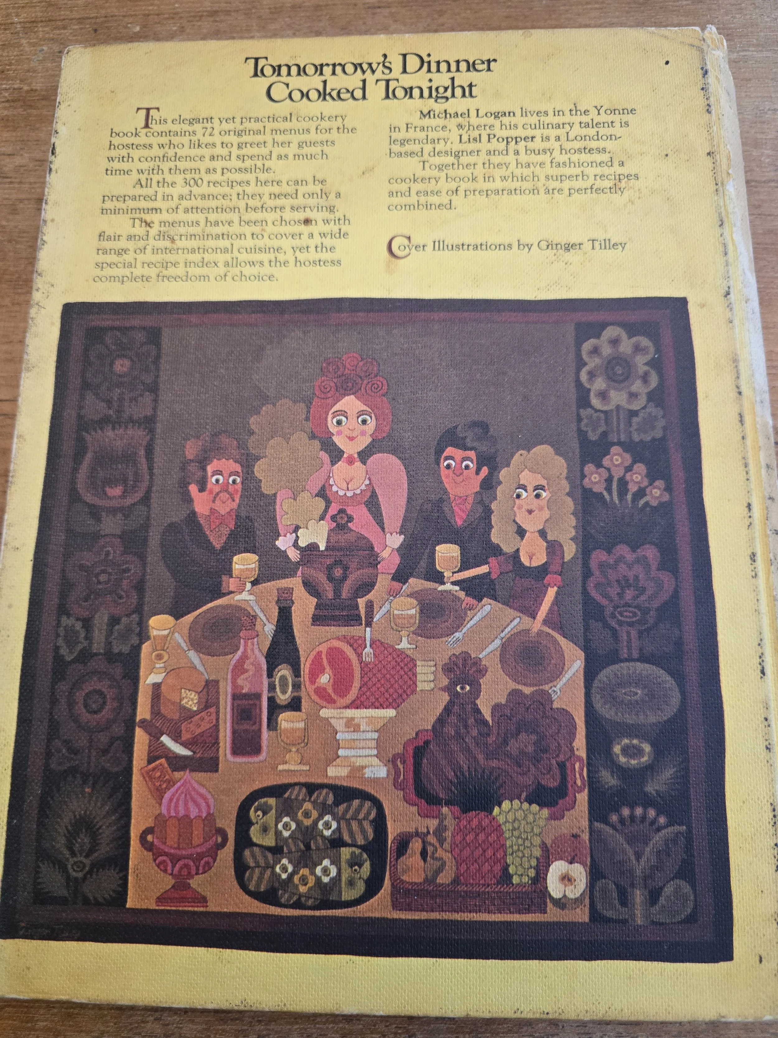 Rear cover of vintage entertaining cookbook with illustrated dinner party scene.