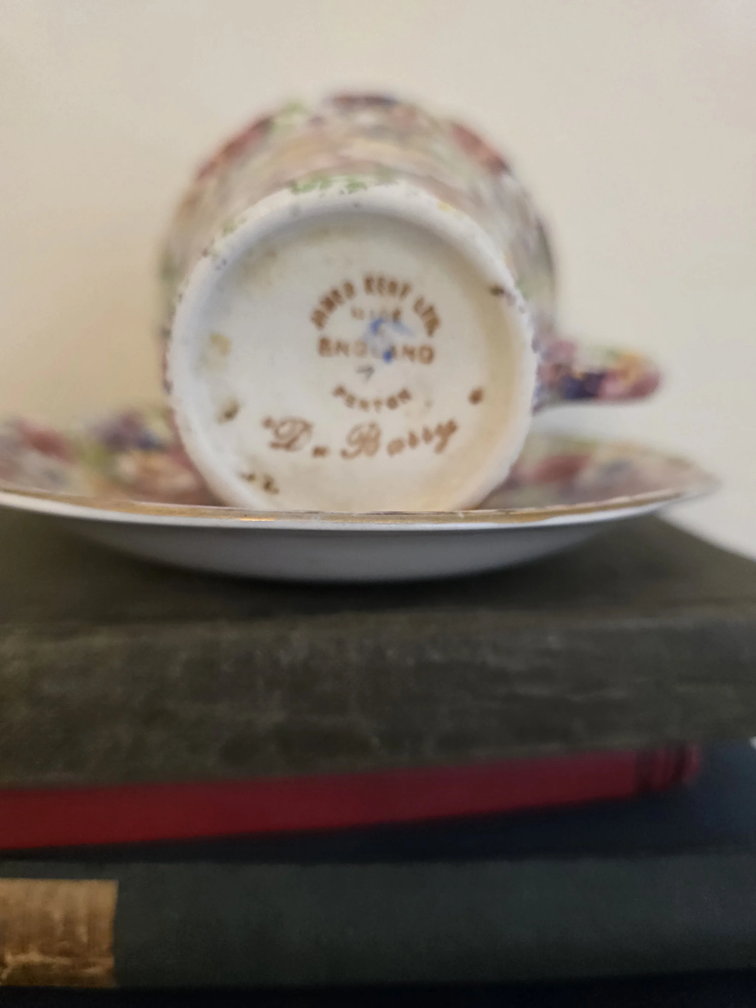 Underside backstamp of Royal Winton Grimwades England floral chintz teacup and saucer set